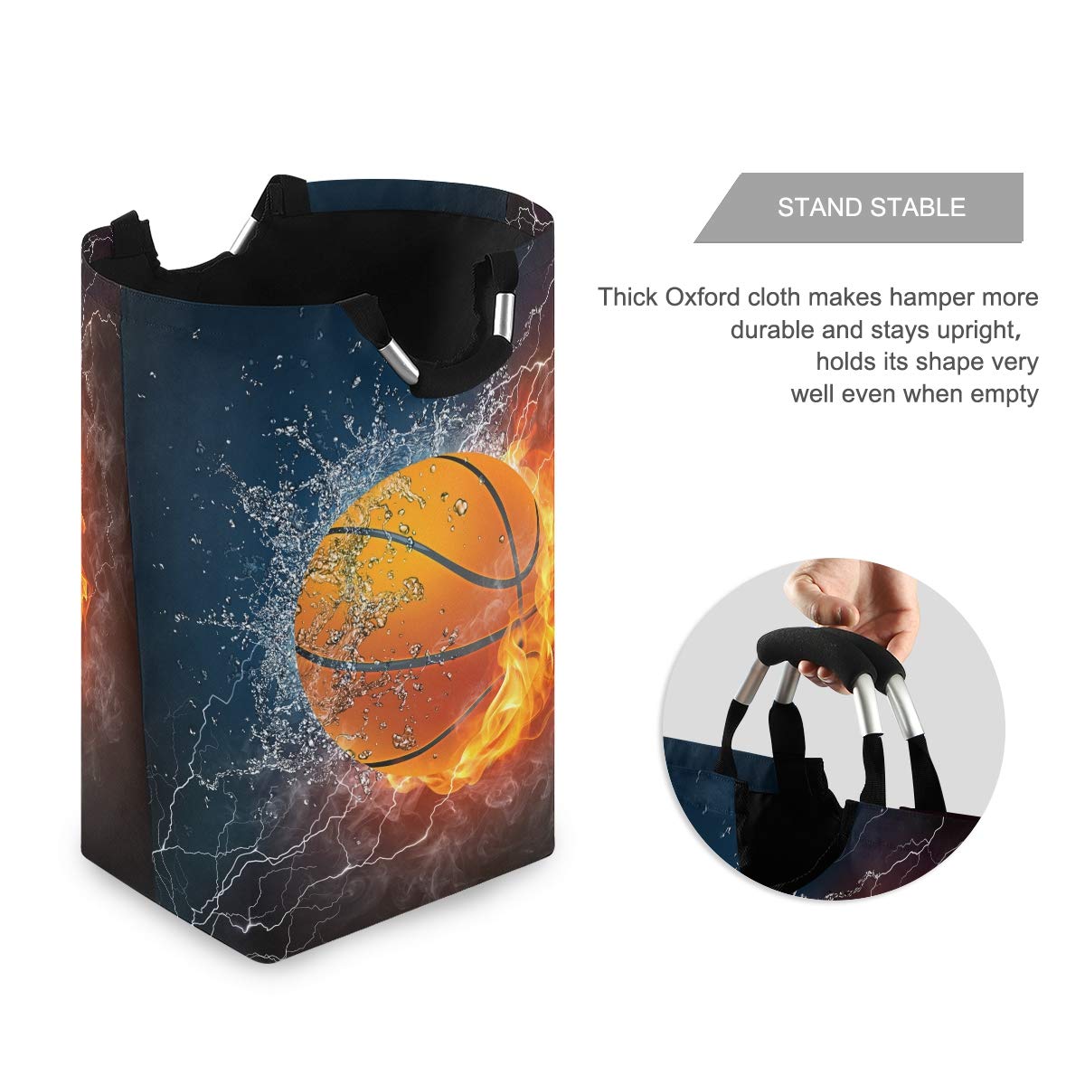 Blueangle 22.7’’ Basketball Design Waterproof Foldable Laundry Hamper - Durable Clothes & Toy Storage Organizer with Fire & Water Pattern - Perfect for Bedroom, Dorm, Kids Room & Sports Locker Organization