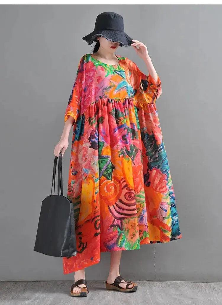 Stylish Graffiti Duck Printed Linen Maxi Dress with Half Sleeves | Summer Boho Beach Dress for Women | Perfect for Vacation, Parties & Casual Outings