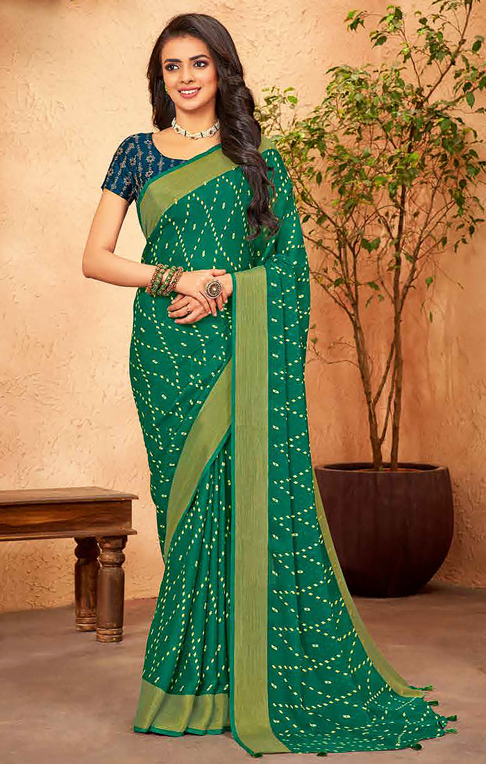 Elegant Green & Gold Chiffon Saree for Women - Designer Casual & Party Wear Indian Dress (D634) | Perfect for Weddings, Festivals & Special Occasions