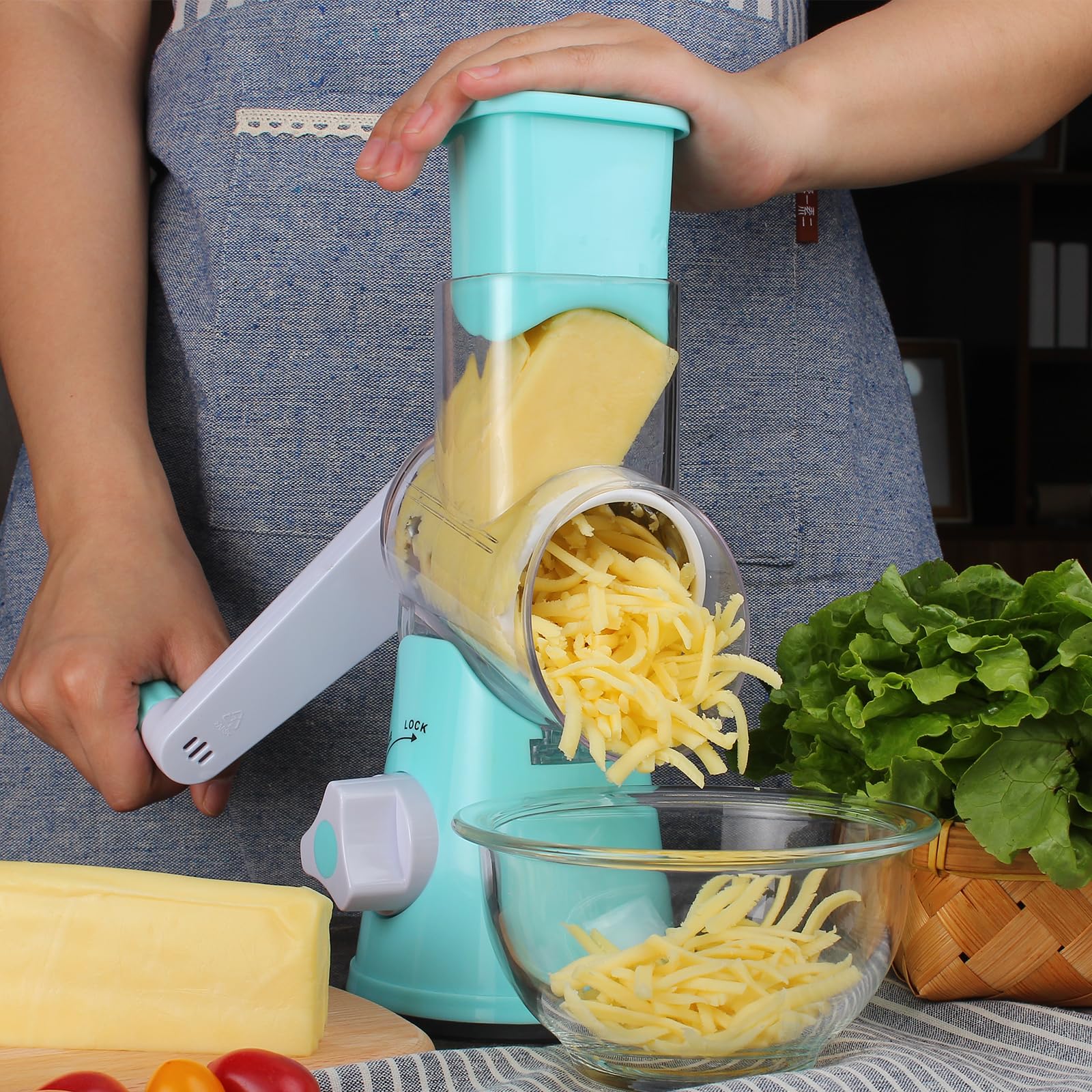 Cambom Rotary Cheese Grater - Hand Crank Cheese Shredder for Fresh Cheese, Vegetables, Nuts - Non-Slip Suction Base with Free Cleaning Brush & 3 Blades (Blue) - Perfect for Pizza, Pasta, Salads & Cooking Prep