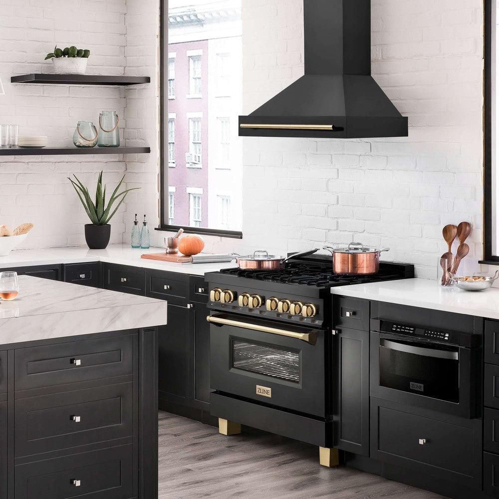 ZLINE Autograph Edition 36 Inch Black Stainless Steel Range Hood with Handle (BS655Z 36) - Professional Kitchen Ventilation for Modern Homes & Restaurants