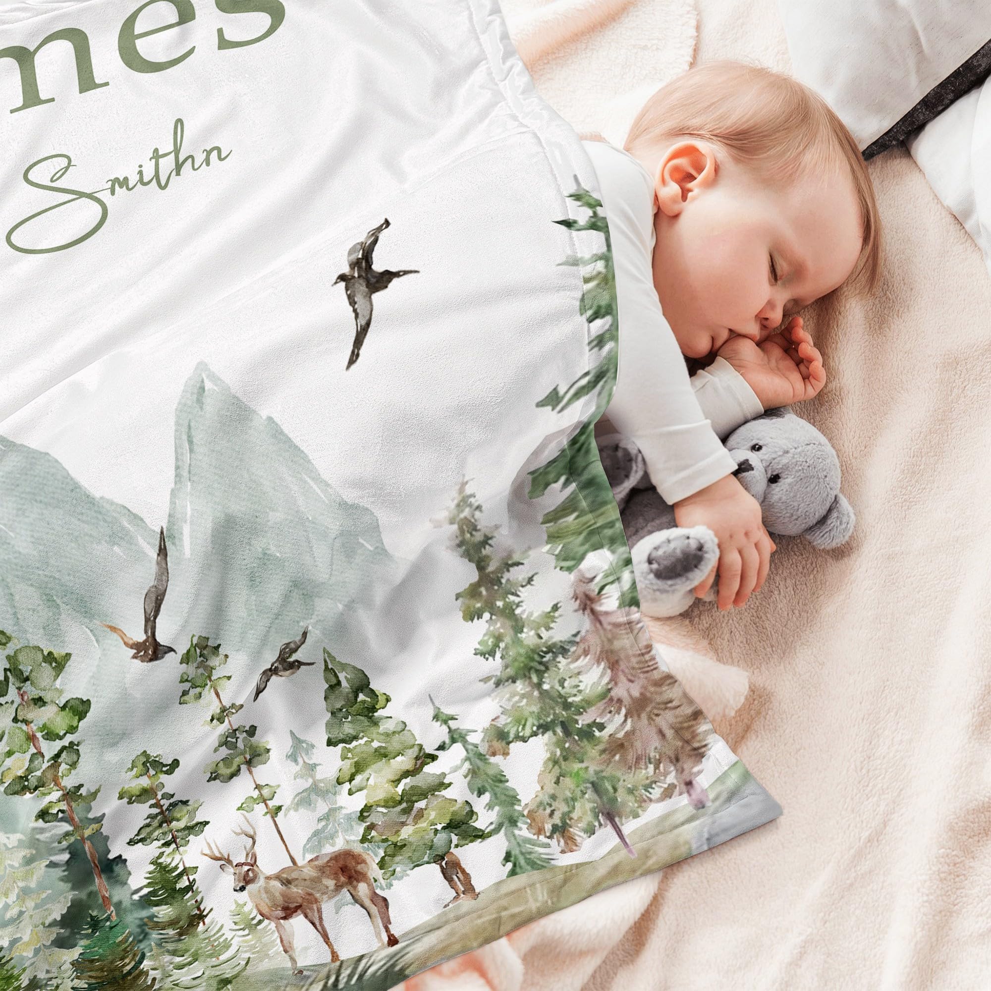 Personalized Woodland Baby Blanket with Name - Custom Embroidered Blanket for Boys & Girls - Newborn Gift Set for Baby Shower, Birthday & Christmas - Perfect for Nursery, Stroller & Photo Shoots