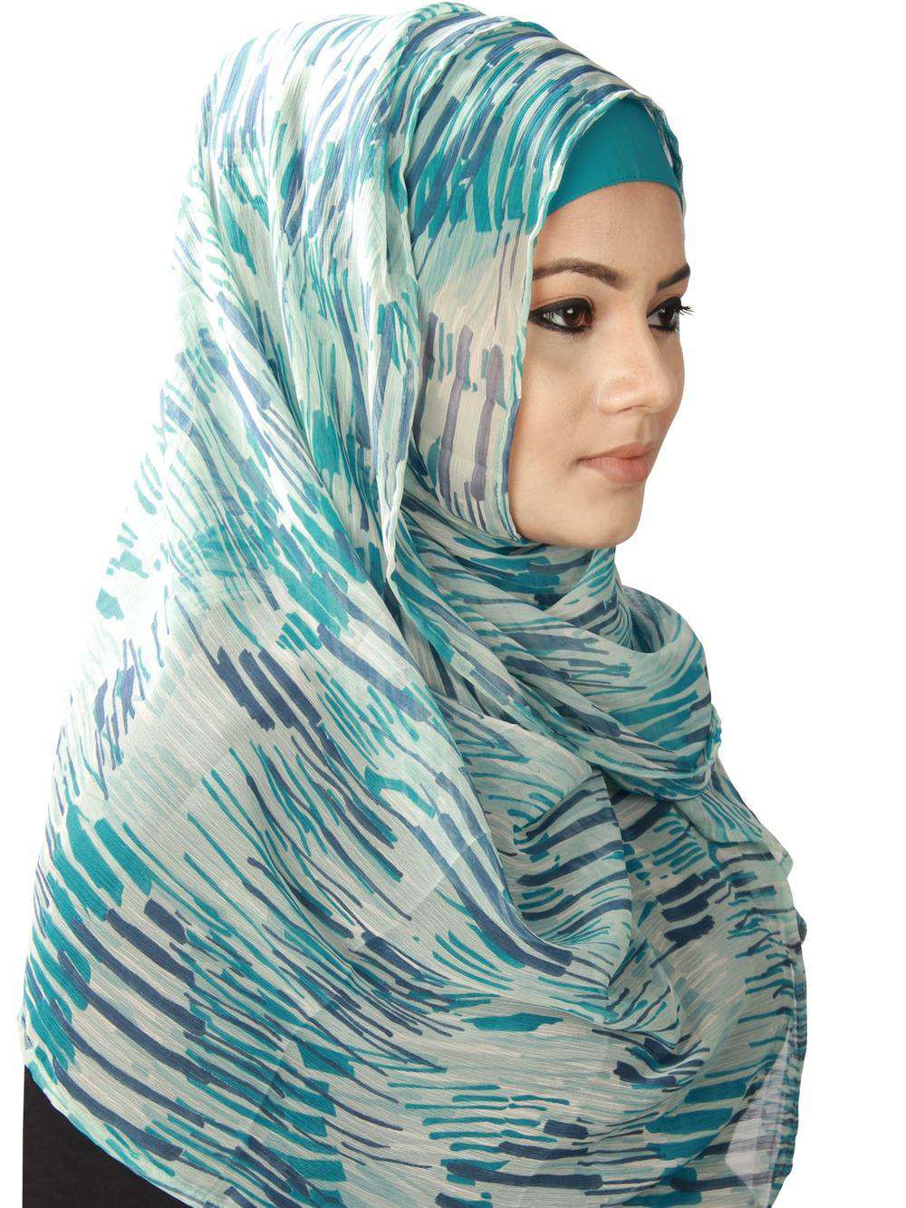 Faiqah White and Turquoise Printed Chiffon Hijab Scarf - Lightweight Muslim Headscarf for Women, Modest Fashion Accessory - Perfect for Daily Wear, Prayer, and Special Occasions
