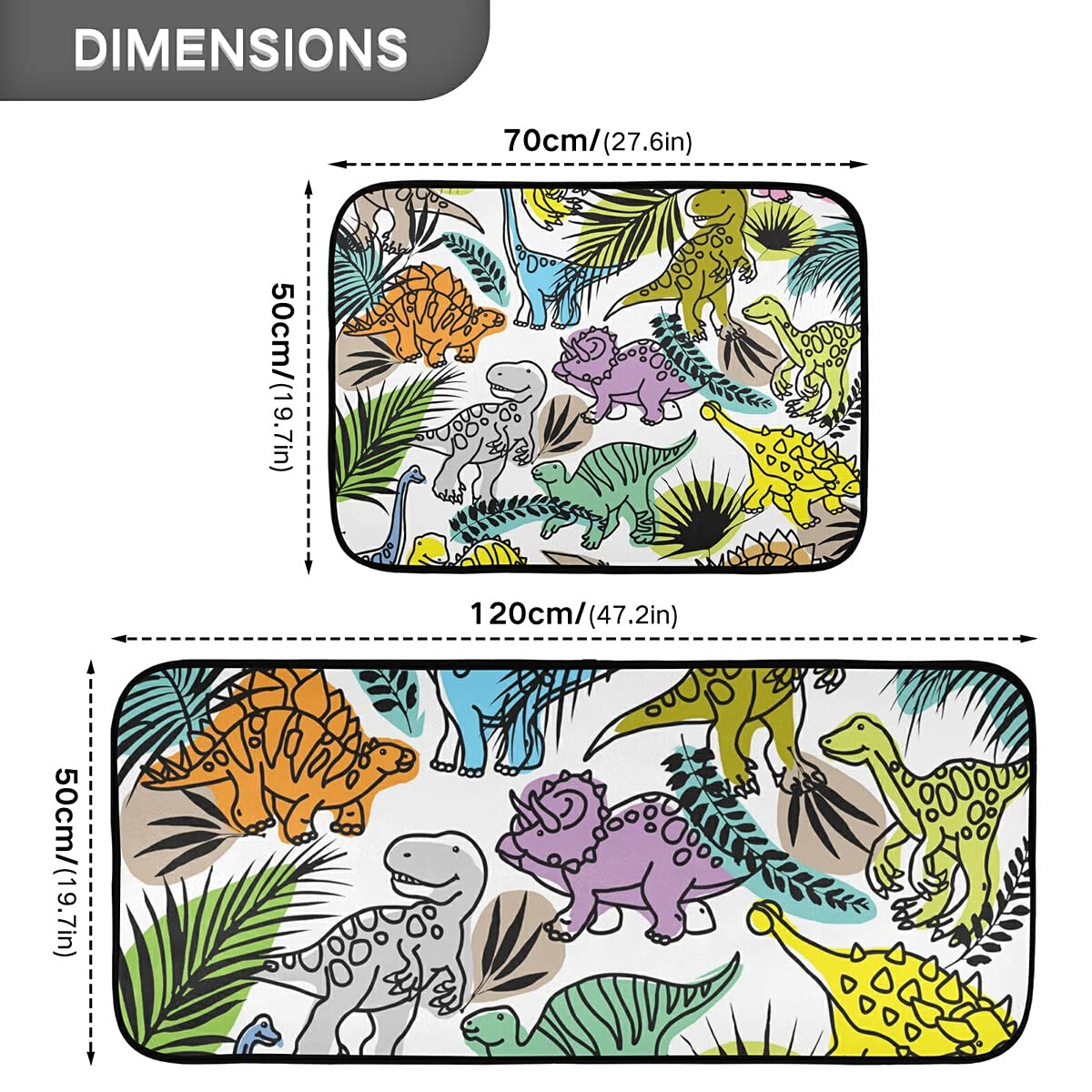 Dinosaur & Tropical Plant Non-Slip Kitchen Rug Set of 2 - Washable Floor Mats for Kitchen, Laundry Room - Cute Home Decor with Anti-Skid Backing (Perfect for Kids' Playroom & Dinosaur-Themed Bedrooms)