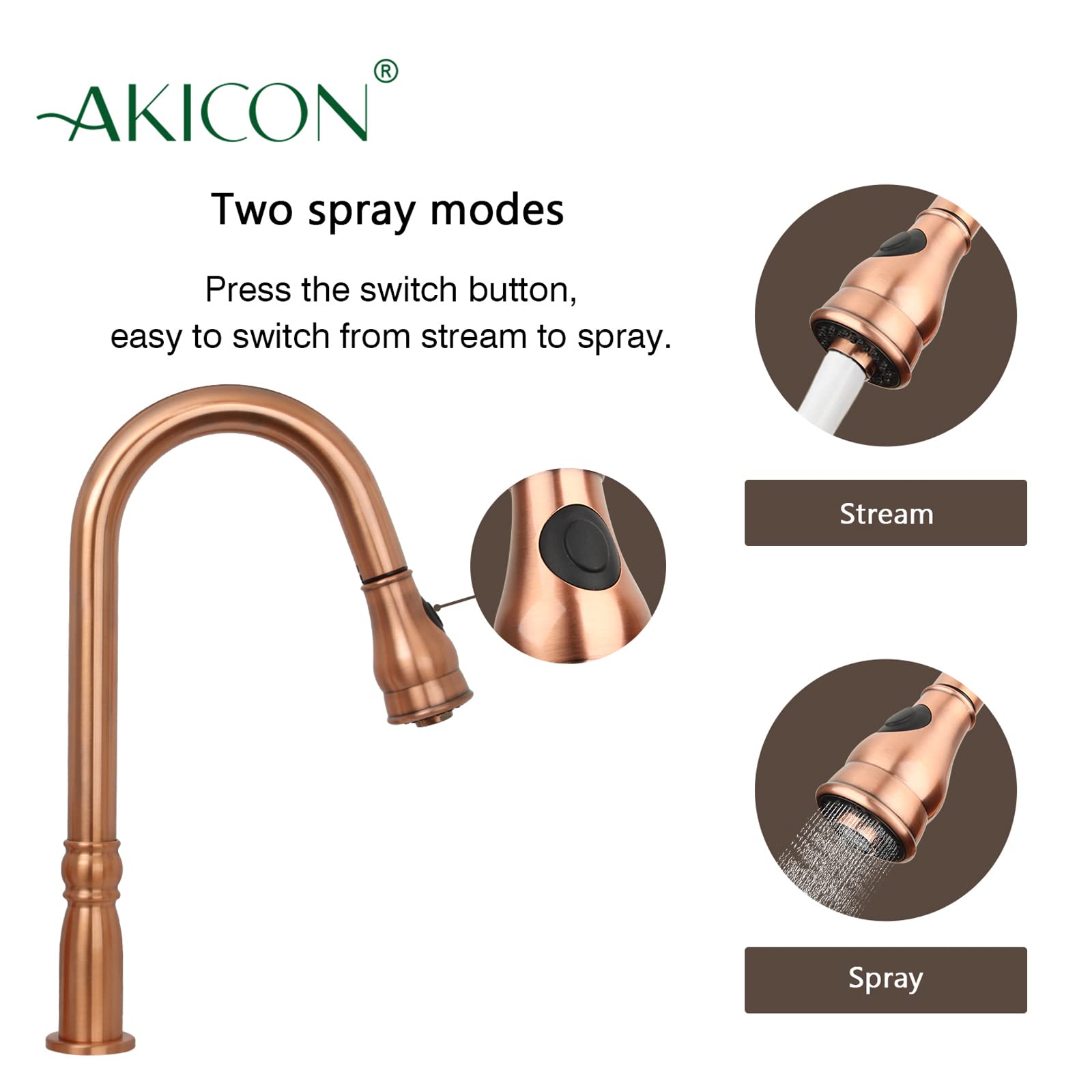 Akicon Copper Pull Down Kitchen Faucet - High Arc Sprayer for Modern Kitchens