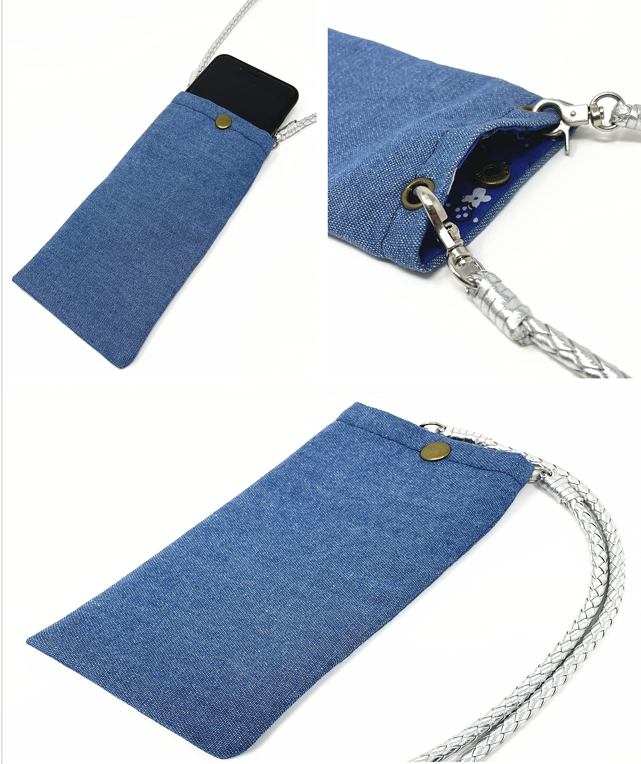 Denim Phone Pouch with Braided Lanyard - Slim Cellphone Organizer & Mini Crossbody Bag for iPhone 15/14/13/12 Pro Max - Perfect for Travel, Work, and Everyday Use