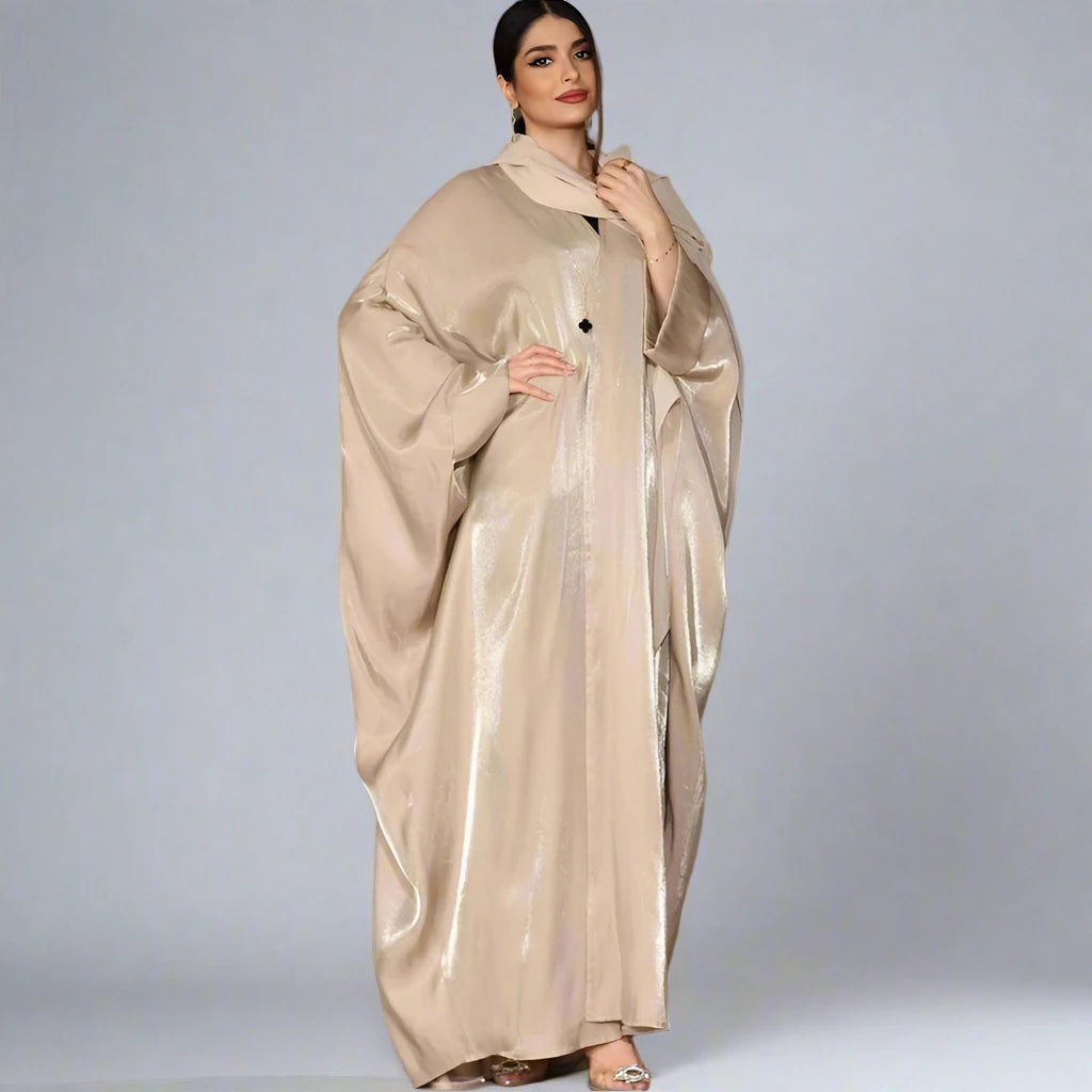 Elegant Satin Batwing Sleeve Farasha Cardigan Open Abaya Dress for Women - Perfect for Prayer, Evening Parties & Special Occasions
