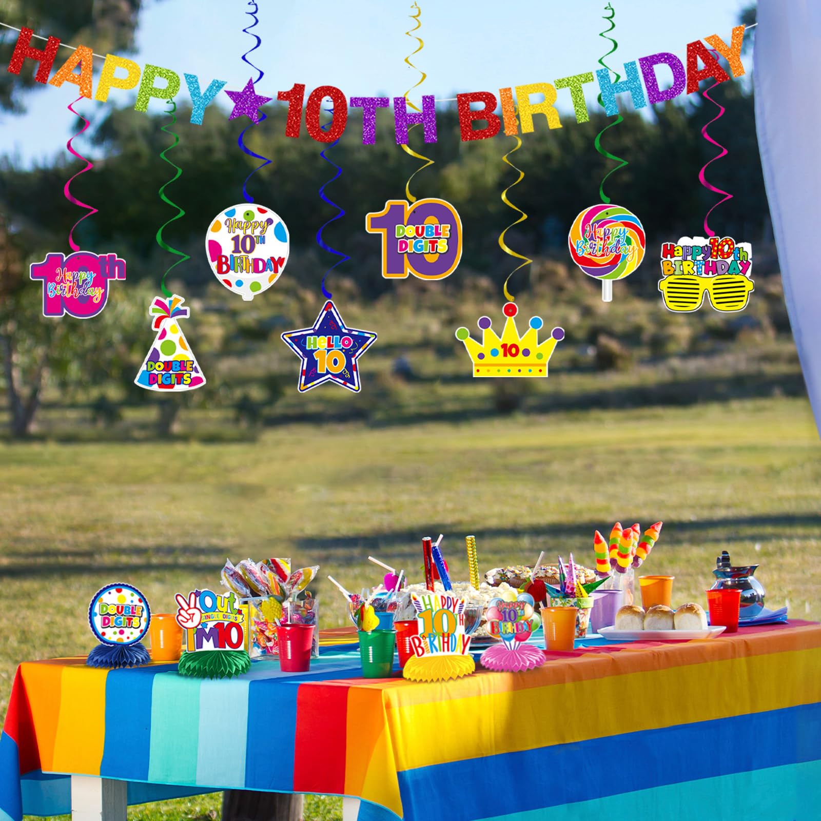 10th Birthday Party Decorations Kit for Girls & Boys - Happy 10th Birthday Banner, Swirls & Honeycomb Centerpieces - Double Digits Level Up Party Supplies for 10 Year Olds - Perfect for Classroom, Home & Outdoor Birthday Celebrations