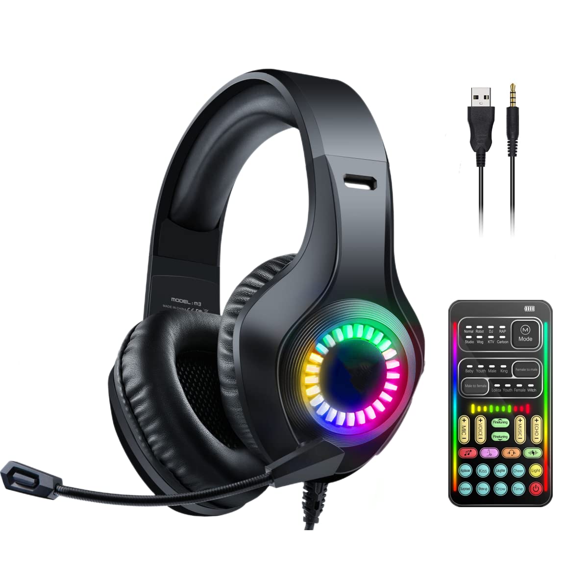 SKTOME Gaming Headset with Microphone & LED Lights - Noise Cancelling Over-Ear Headphones with Voice Changer & Volume Control - Compatible with PS5/PS4/Xbox One/PC/Mobile - Perfect for Streaming, Discord & Online Gaming (Black)