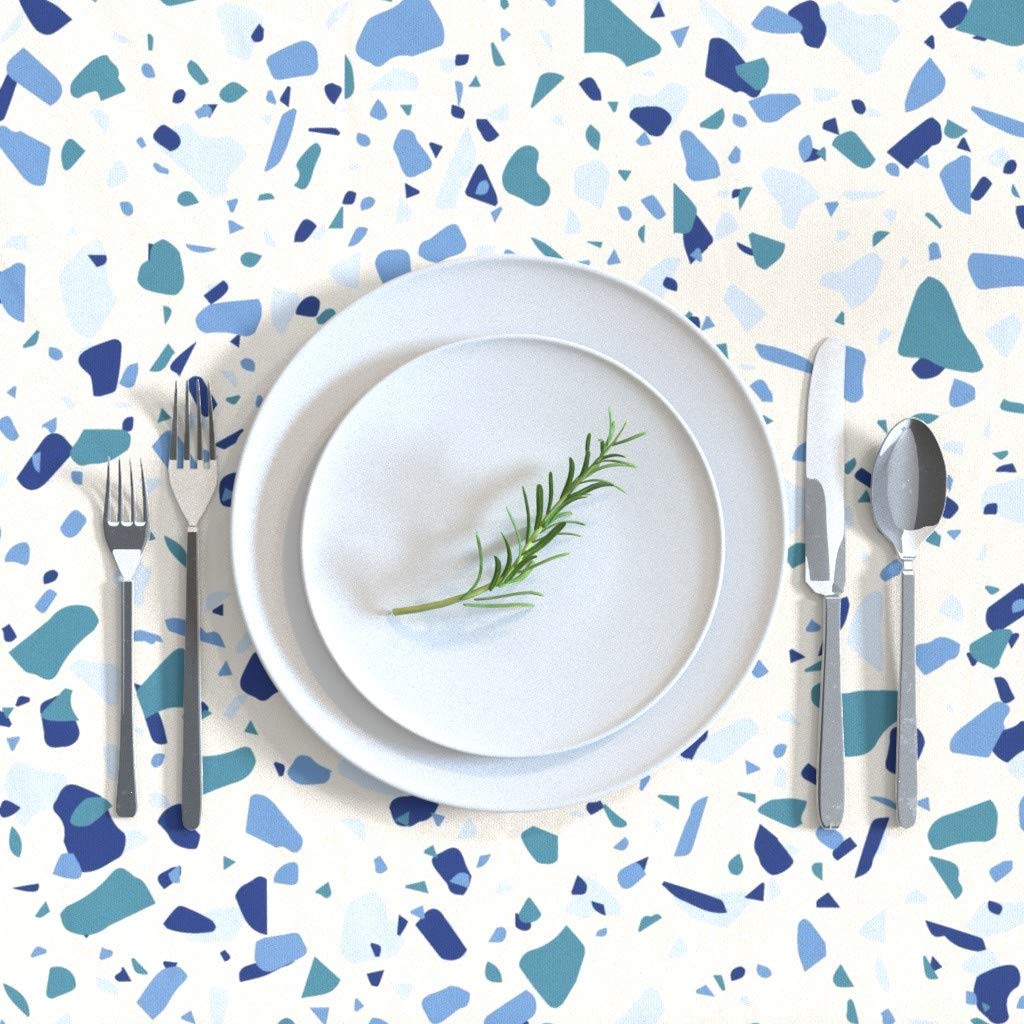 Custom Printed Cotton Sateen Tablecloth 70x90 Inches - Blue White Confetti Terrazzo Green Pattern for Dining, Party & Event Decor | Washable Table Linens for Restaurants, Weddings & Home Use