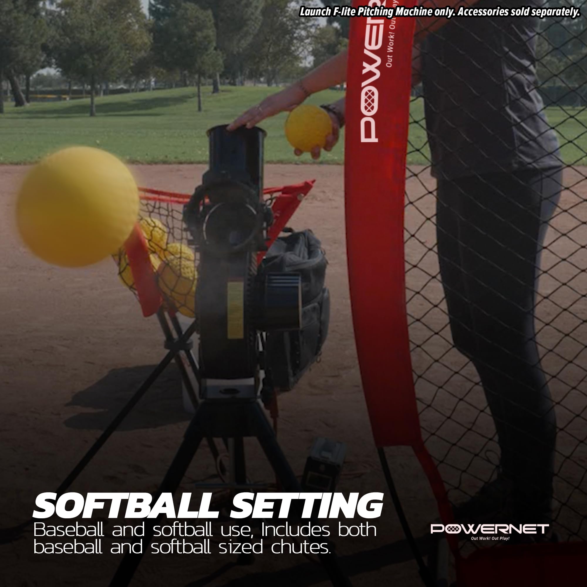 PowerNet Launch F-lite Softball & Baseball Pitching Machine with Dimpled Practice Balls & Bucket of Baseballs - Complete Coaching Bundle for Baseball Training | Perfect for Backyard Practice, Team Drills & Pitching Practice