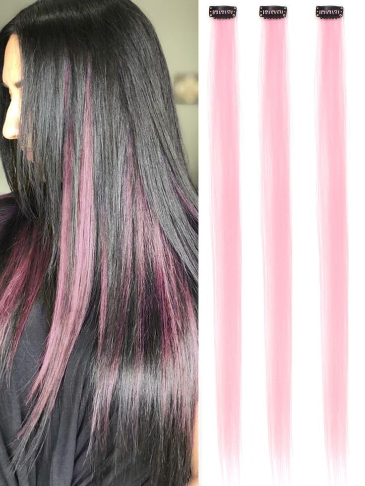 19-inch Baby Pink Colored Streak Hair Extensions for Women & Girls - Set of 2 | Clip-in Synthetic Hair Highlights for Parties, Cosplay & Daily Styling