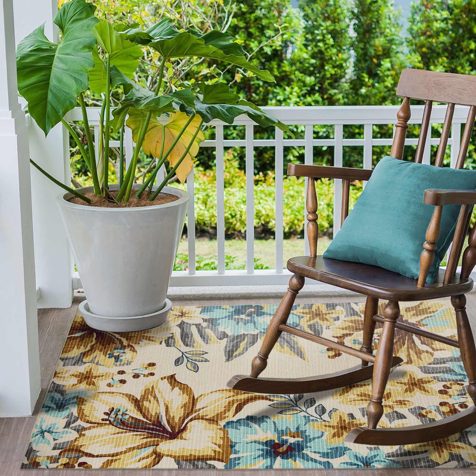 DECOMALL BLODWEN Indoor Outdoor Rugs - Floral Botanical Leaf Tropical Area Rug for Bedroom, Living Room, Deck, Backyard, Balcony, Patio - Yellow 6x9 Feet - Perfect for Boho Decor, Beach House Style & Summer Garden Parties