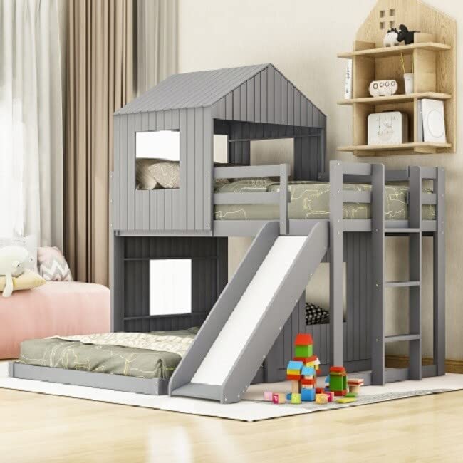 Wooden Twin Over Full Bunk Bed with Playhouse, Farmhouse Ladder, Slide & Guardrails - Gray Modern MDF Pine Finish Loft Bed for Kids & Teens | Perfect for Small Bedrooms, Playrooms & Shared Kids' Spaces