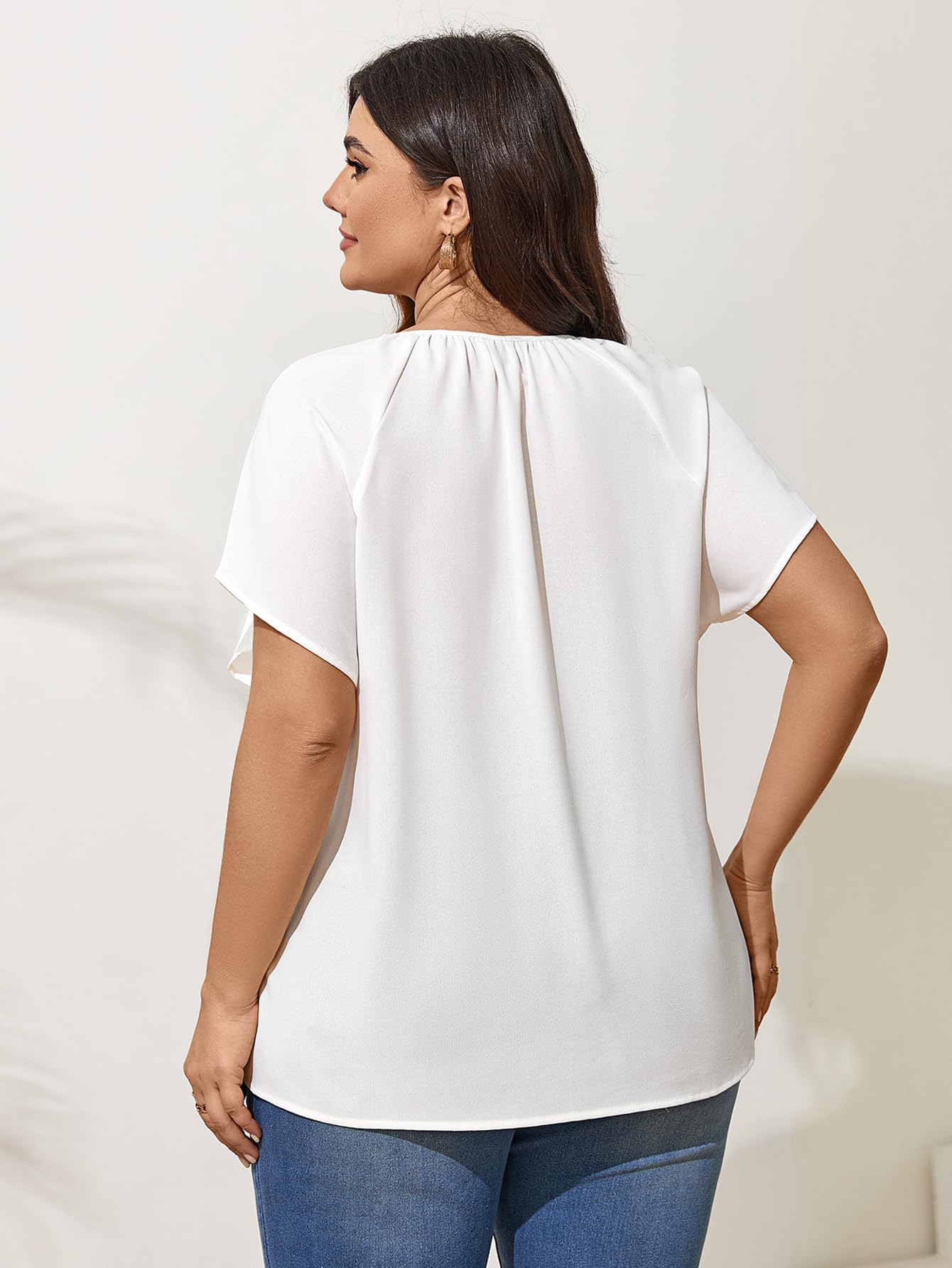 Plus Size V Neck Short Sleeve Blouses for Women - Loose Casual Summer Tops with Drawstring | Flowy Shirts for Work, Beach & Everyday Wear