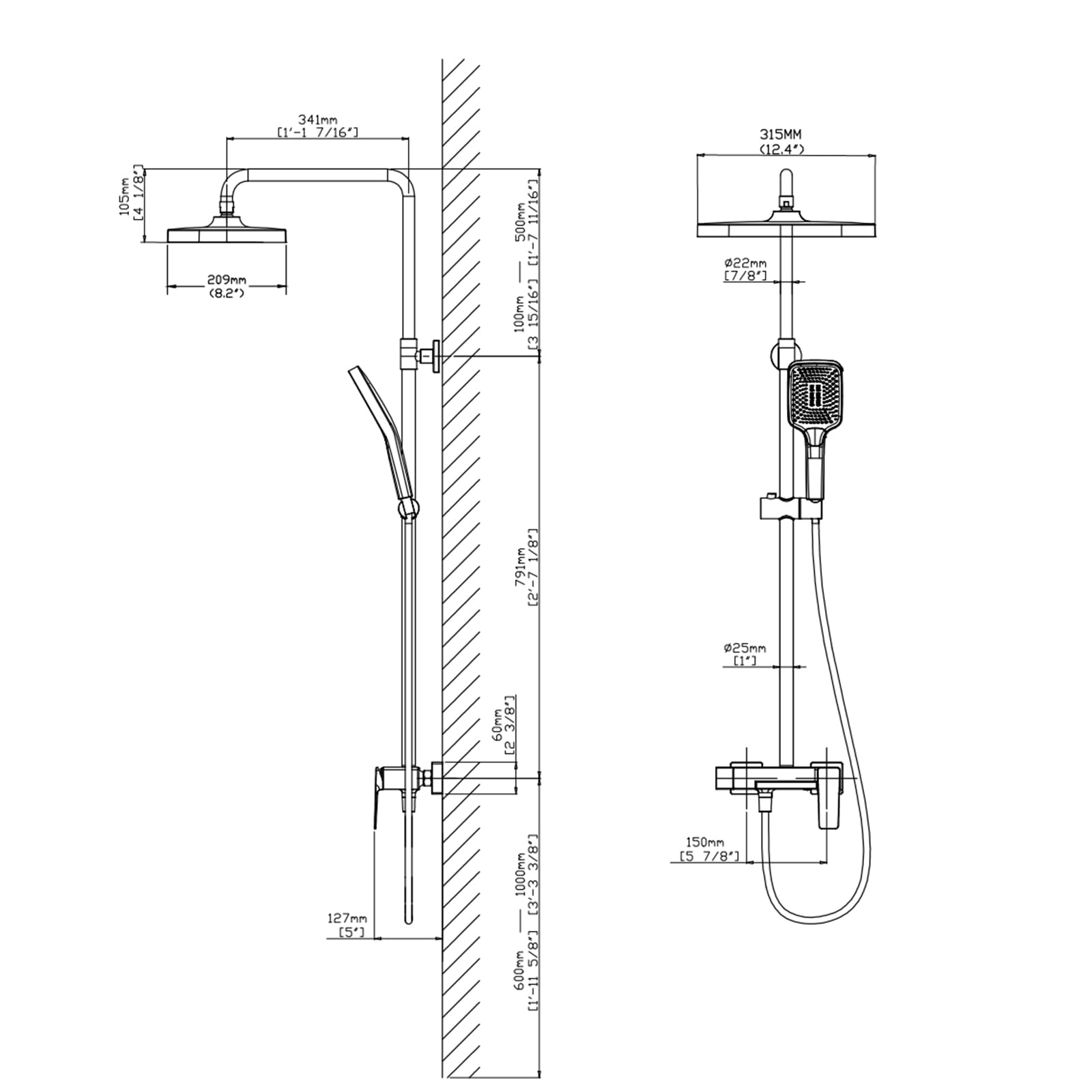 12 x 8 Inches Rain Shower Head with Brushed Gold Exposed Pipe - 3 Function Tub Shower Faucet Set with Handheld Sprayer | Luxury Overhead Shower System for Bathroom Remodel & Spa Experience