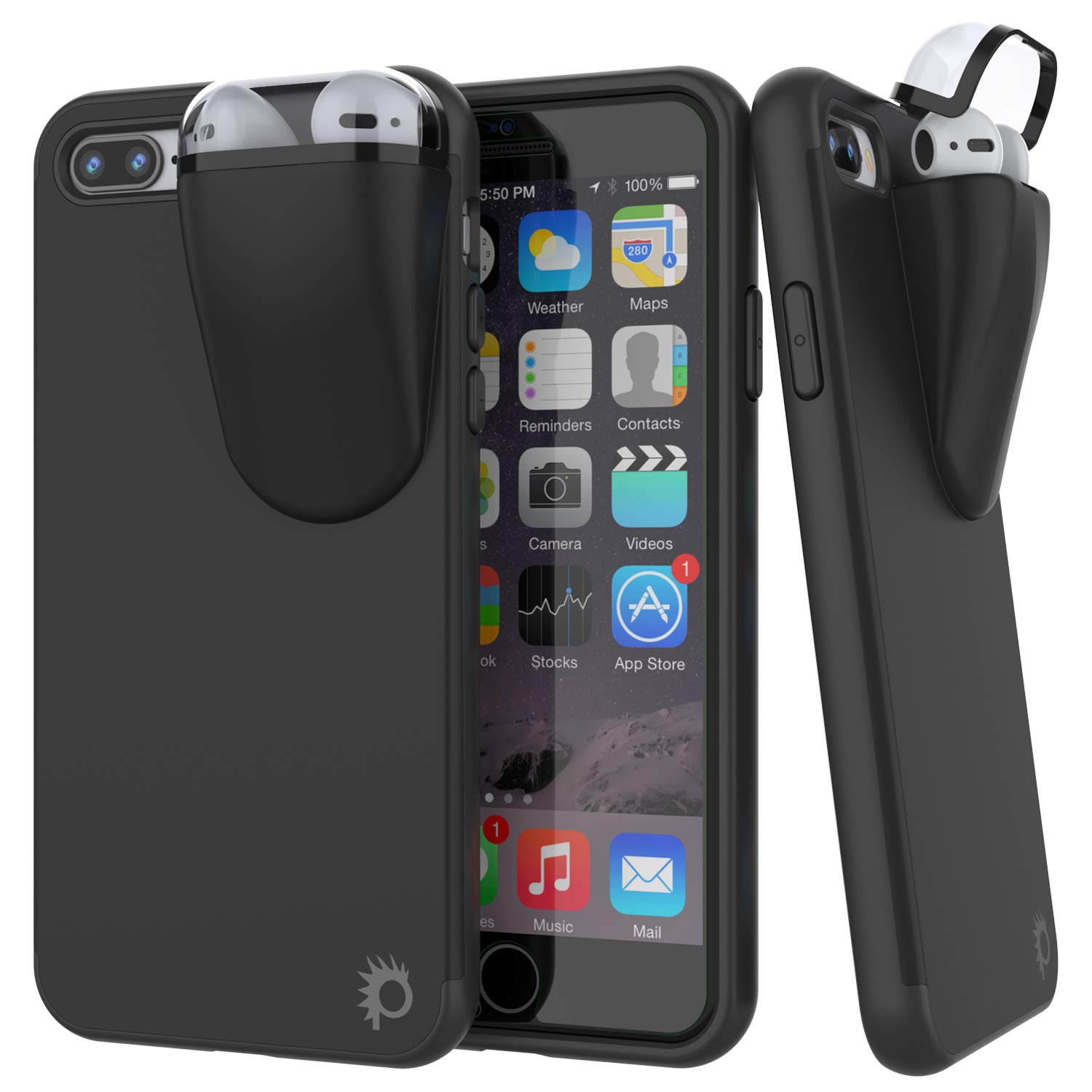 Punkcase iPhone 8 Plus Case with AirPods Holder - Slim & Durable 2-in-1 Protective Cover for iPhone 8 Plus (5.5 Inch) - Compatible with AirPods 1st & 2nd Generation - Perfect for Gym, Travel & Everyday Use [Black]