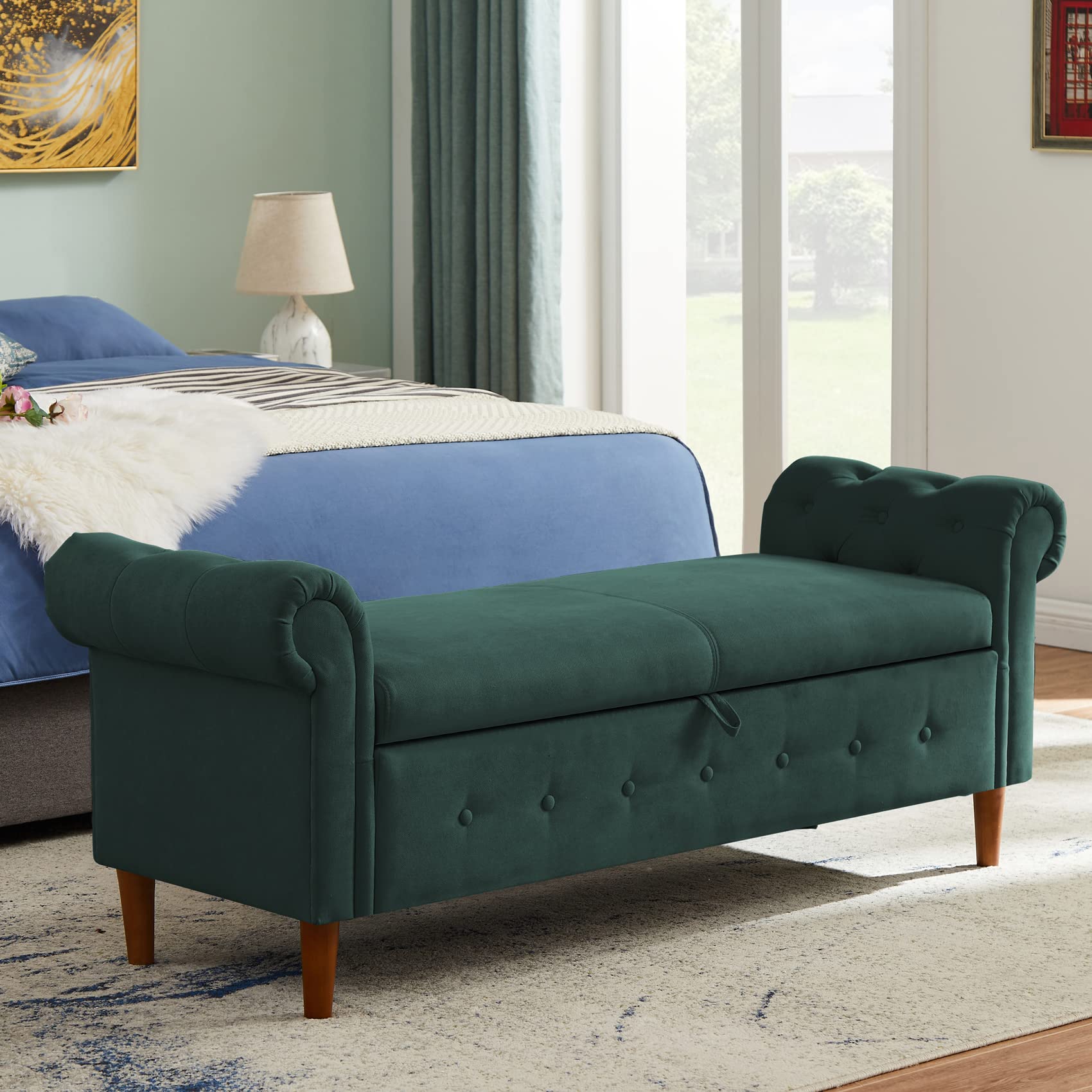Aoowow Storage Bench with Rolled Arms - Linen Fabric Ottoman Couch for Bedroom, End of Bed, Window Seat or Fireplace - Multi-Functional Toy Storage Bench (Olive Green) - Perfect for Small Space Organization & Cozy Home Decor