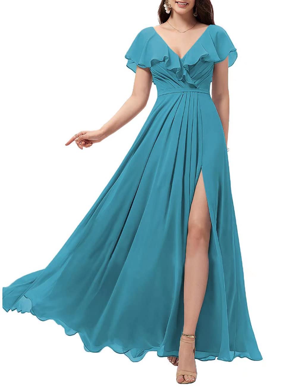 SoDigne Women's Elegant Ruffle Sleeve V-Neck Chiffon Bridesmaid Dress with High Slit - Perfect for Weddings, Evening Parties & Formal Events