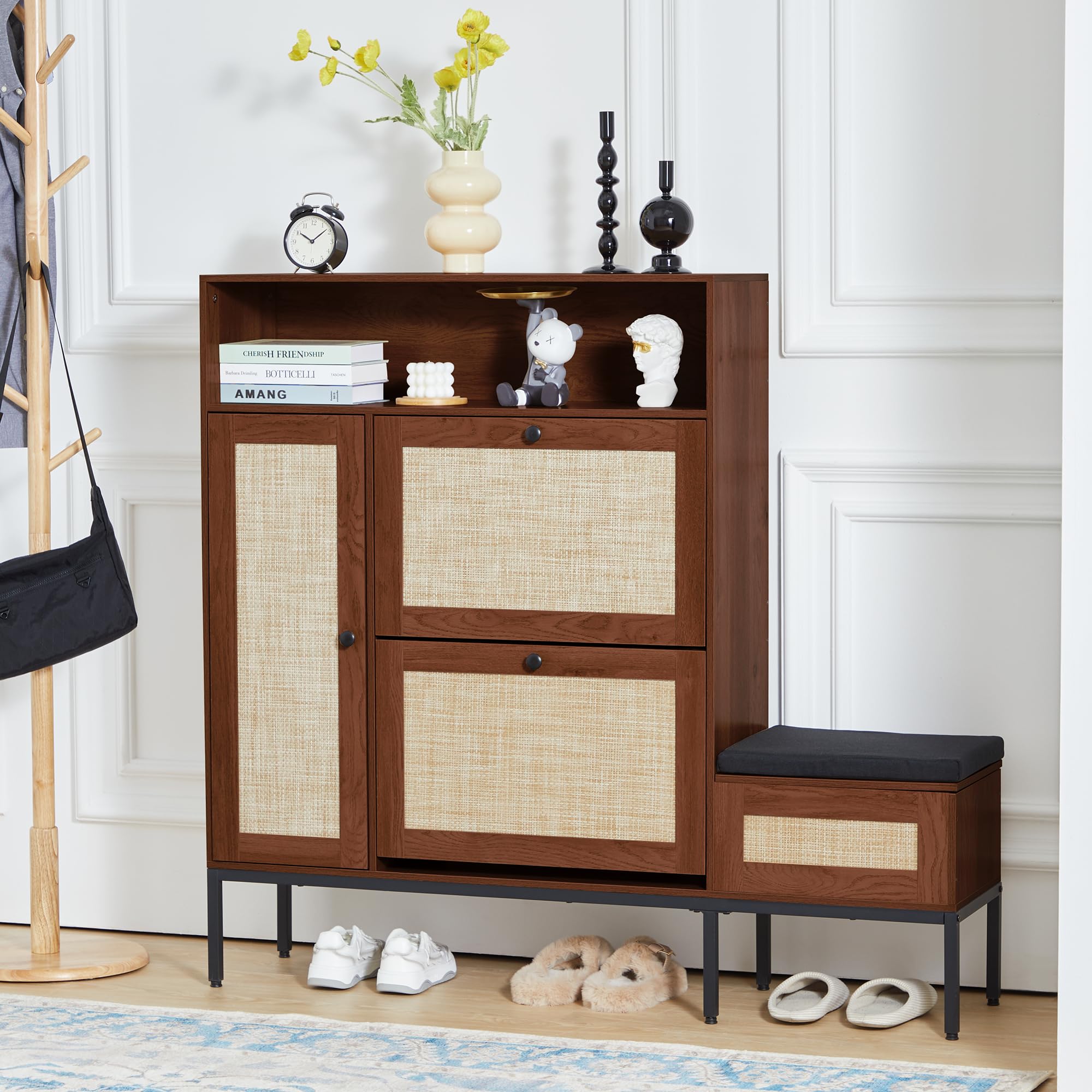 Modern Shoe Storage Cabinet with 2 Flip Drawers & Rattan Door - Entryway Bench with Hidden Space, Shoe Rack Organizer for Hallway, Living Room, Bedroom (Walnut) - Perfect for Small Spaces & Shoe Lovers