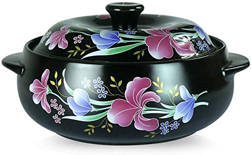 Ceramic Casserole Dish with Lid - 1.85 Quart Non-Stick Round Clay Pot, Floral Pattern Stock Pot for Oven & Stovetop, Heat-Resistant Ceramic Cookware - Perfect for Baking, Stewing & Serving Dishes