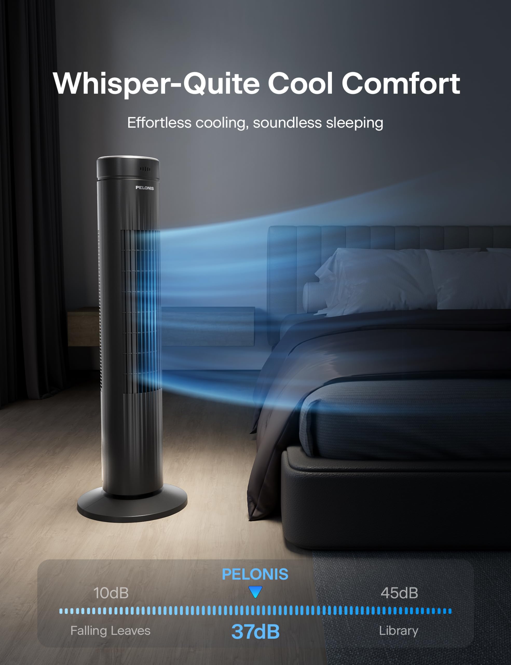Pelonis 30 Inch Bladeless Tower Fan - 3 Speed Settings, 37dB Quiet Operation, Remote Control & 7-Hour Timer - Cooling Fan for Bedroom, Living Room, Office - Black (Ideal for Summer, Night Use & Home Cooling)