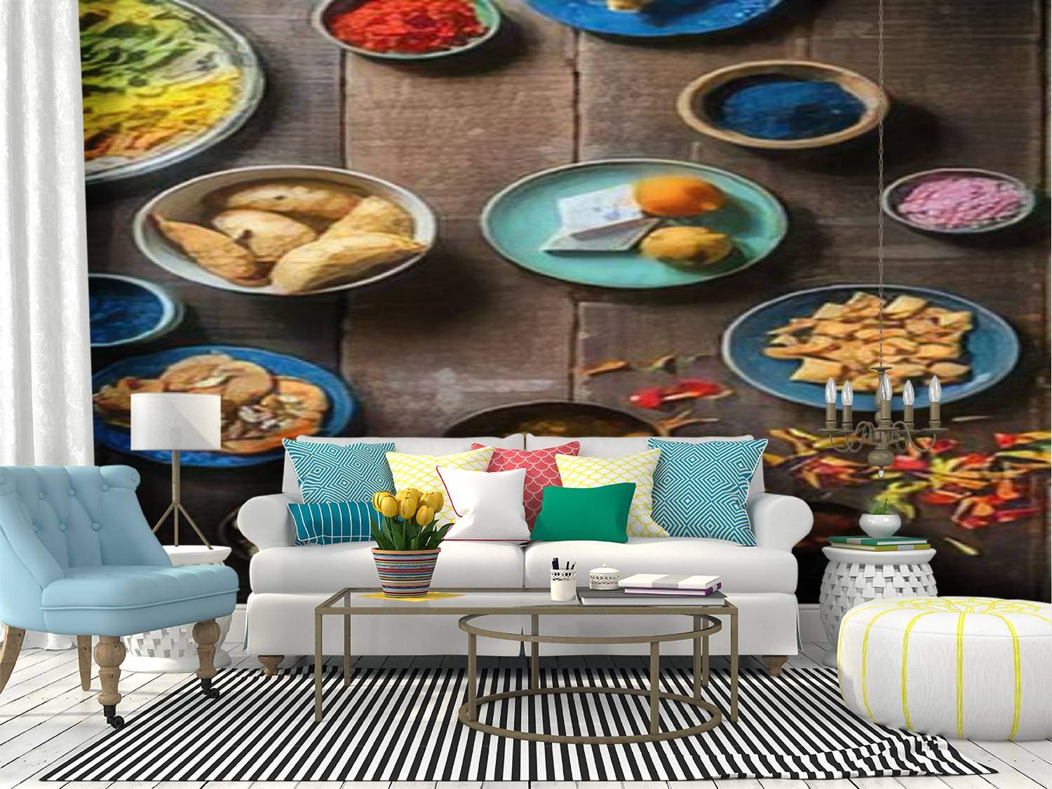 Holi Festival Food Wall Mural - Peel and Stick Self-Adhesive Wallpaper with Gujjia, Namkeen & Malpua Snacks | Removable Vinyl Film Roll for Home Decor, Living Room, Bedroom & Kitchen Wall Art