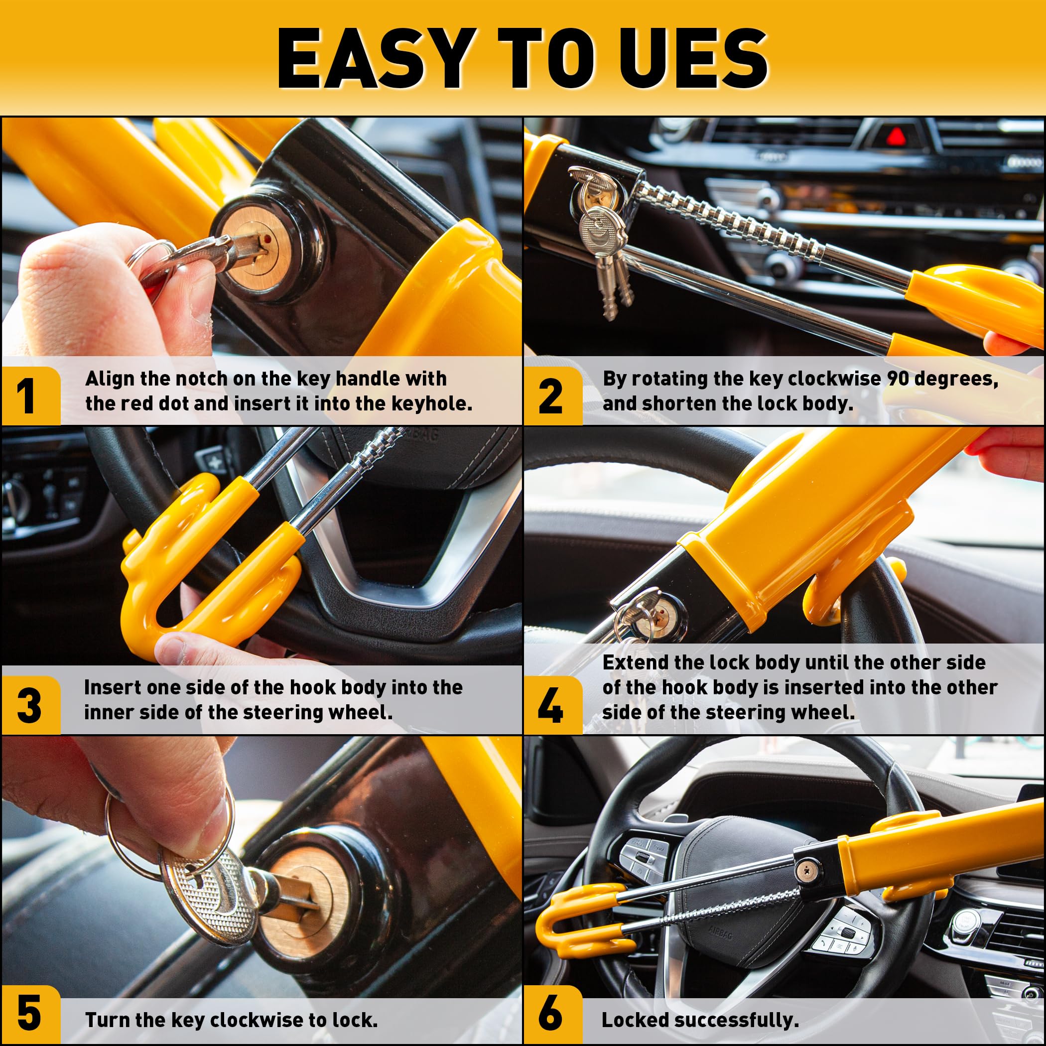 Heavy Duty Steering Wheel Lock Anti-Theft Car Security Device - Adjustable Universal Fit for Cars, Trucks, Vans & SUVs - Includes 3 Keys | Theft Deterrent for Parking Lots, Road Trips & Overnight Security