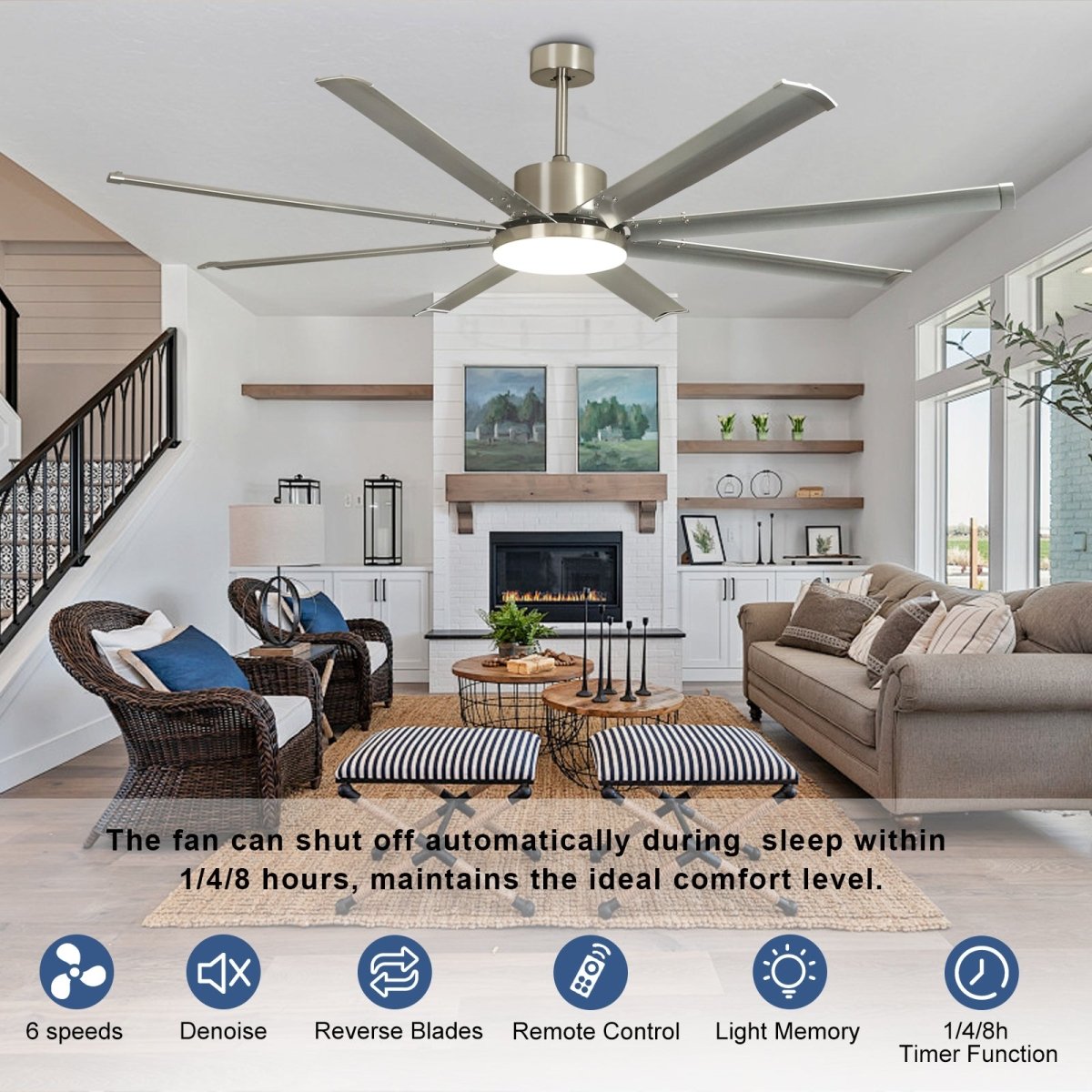 Depuley 80-Inch DC Reversible Ceiling Fan with LED Light - 8 Aluminum Blades, 6 Speed Settings, Modern Industrial Design for Living Room & Bedroom in Brushed Nickel/Silver - Perfect for Home Cooling & Stylish Lighting