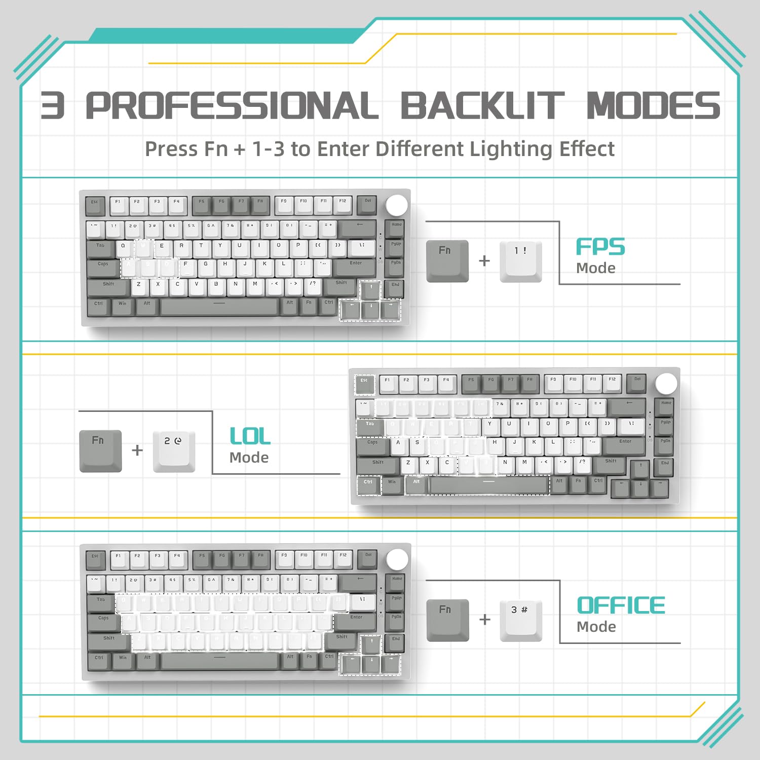AJAZZ AK820 75% ANSI Mechanical Gaming Keyboard - 81 Keys, Hot-Swap Red Switches, White Backlight, Wired USB for PC/MAC (Gray & White) | Perfect for Esports, Office Work & Typing Enthusiasts