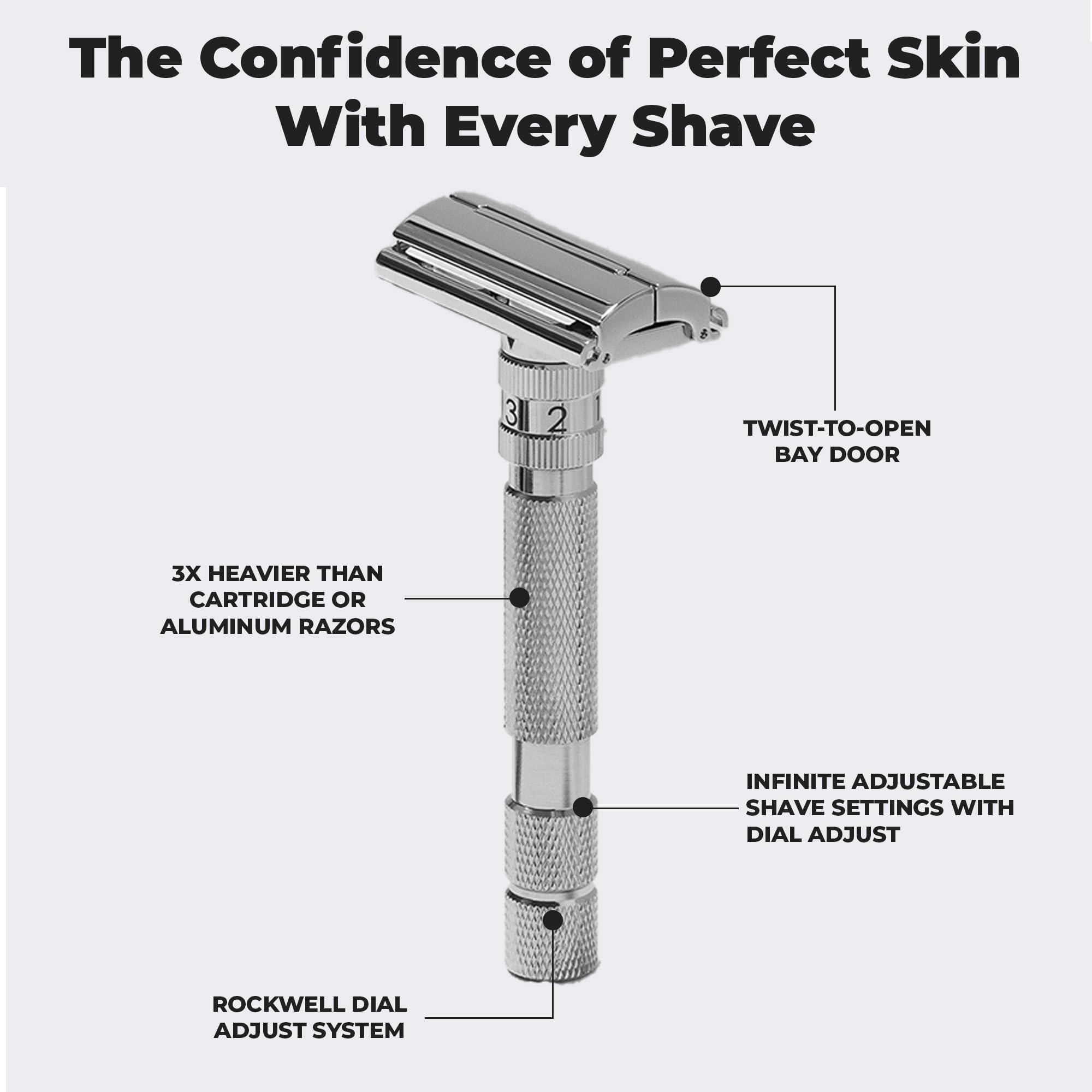 Rockwell Razors T2 Safety Razor with Long Handle - Adjustable Shaving Settings, 5 Stainless Steel Blades & Travel Leather Case - White Chrome Finish - Perfect for Travel & Daily Shaving Routine
