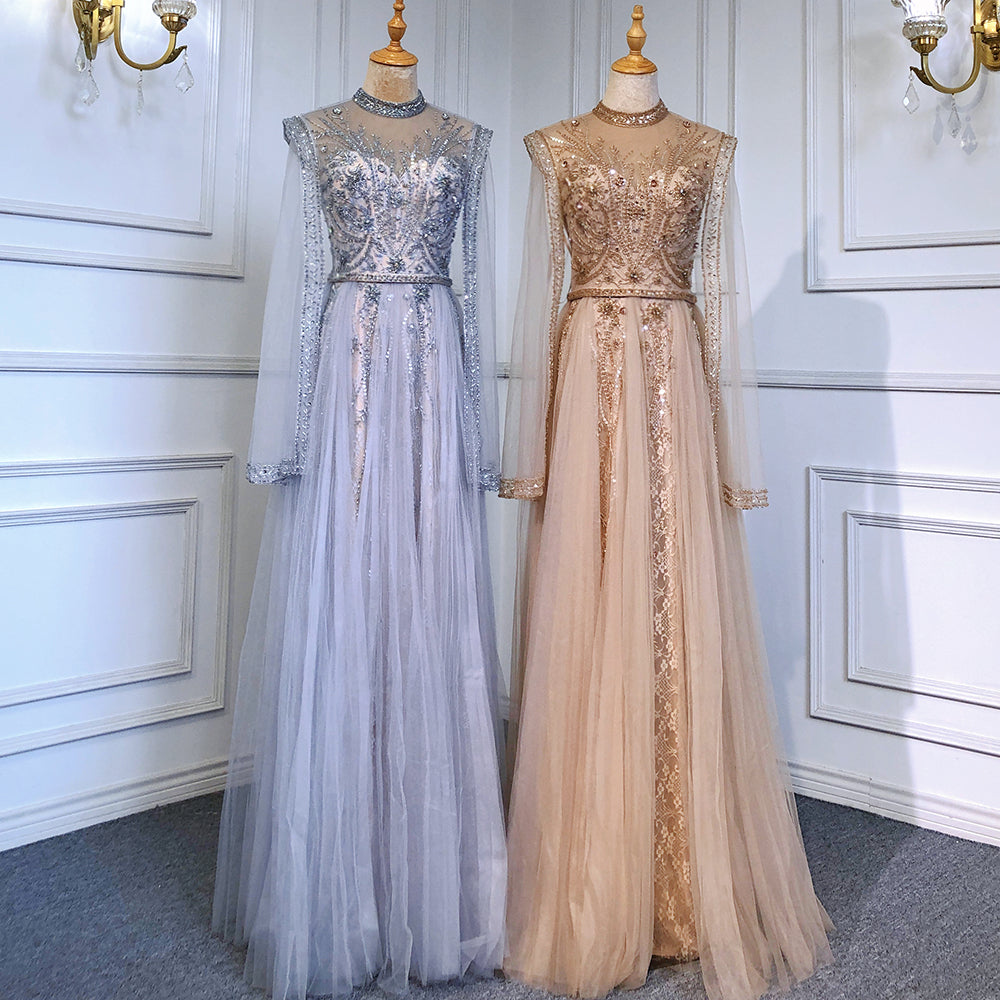 Serene Hill Gold Luxury Cape Sleeves Evening Dress - Beaded Mermaid Gown for Women 2025 | Elegant Formal Party Wear for Prom, Wedding & Red Carpet Events - LA71604