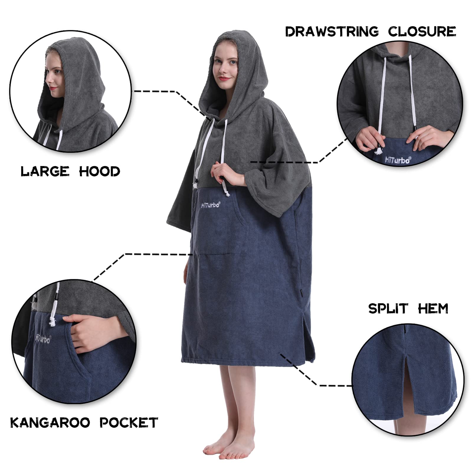 Hiturbo Quick Dry Changing Robe - Absorbent Microfiber Surf Poncho with Hood & 3/4 Sleeves for Beach, Swimming, Surfing & Bathing - Perfect for Post-Water Activities & Outdoor Adventures