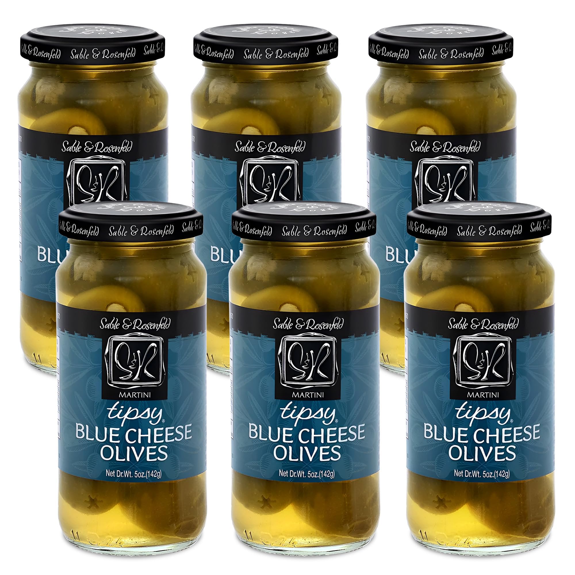 Premium Blue Cheese Stuffed Green Olives - Gourmet Cocktail Olives for Martinis, Bloody Marys & Charcuterie Boards - Sable & Rosenfeld 5 oz (Pack of 6) - Perfect for Home Bars, Parties & Holiday Entertaining