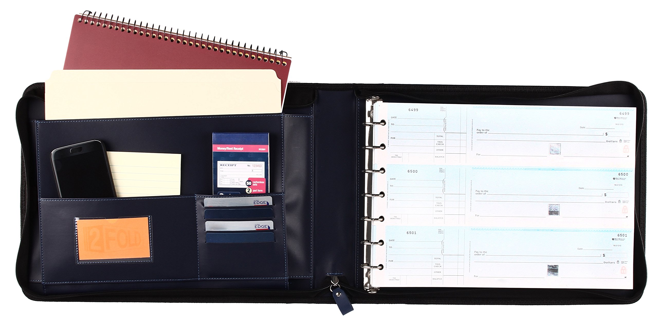 2Fold Zippered Business Checkbook - 7 Ring Binder for Checks with Built-in Organizer & Business Card Holder - PU Leather Portfolio for 600 3-Up Checks (Blue) - Perfect for Accountants, Small Business Owners & Office Professionals
