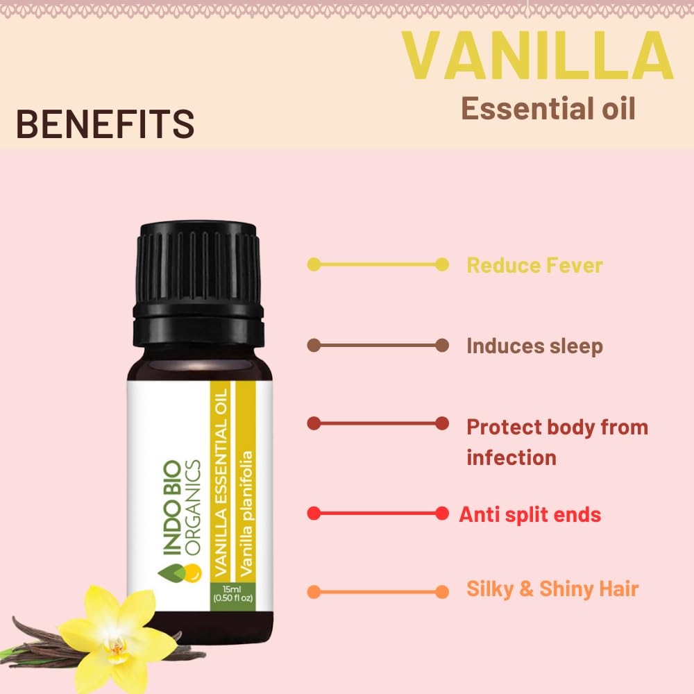 INDO BIO ORGANICS Pure Vanilla Essential Oil 15ml - Natural Skin, Face & Hair Care, Aromatherapy Diffuser, Candle Making - Relaxing Vanilla Scent for Stress Relief & Home Spa