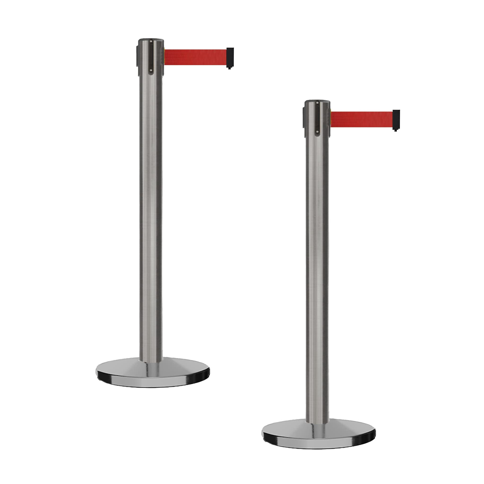 Montour Line MI650 Set of 2 Retractable Belt Barrier Stanchions with Cast Iron Base - 16 ft Red Belt, Black Satin Stainless Steel Posts for Crowd Control, Queue Management, Event Safety & Social Distancing