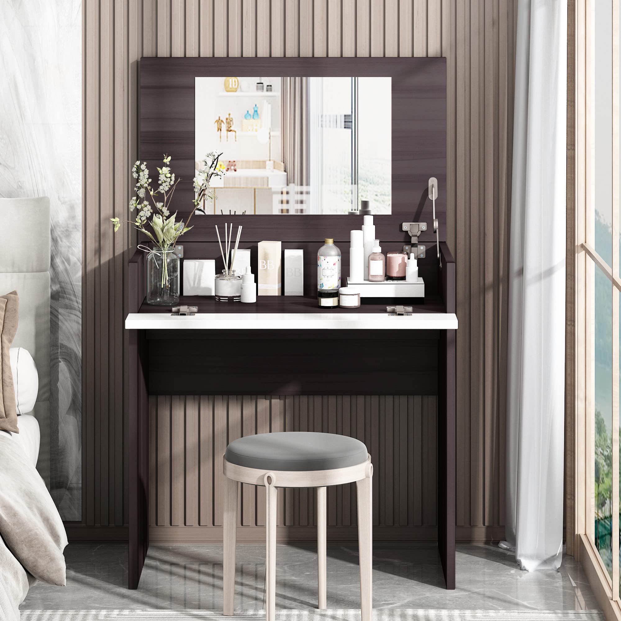 LUKYRA Vanity Makeup Dressing Table with Flip-Up Mirror & Spacious Storage - Modern Ebony & White Vanity Desk for Bedroom, Bathroom & Dorm Room Organization