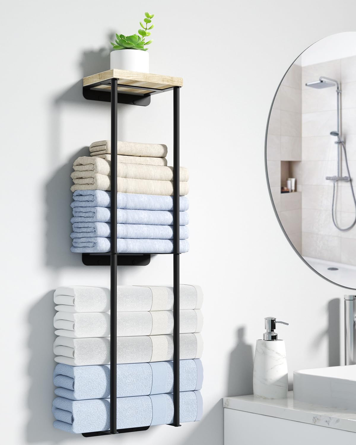 2-Tier Wall Mounted Towel Rack with Wood Shelf - Bathroom Organizer & Storage Space Saver - Black Metal Towel Holder for Bath, Kitchen, Laundry Room - Perfect for Small Spaces & Home Decor