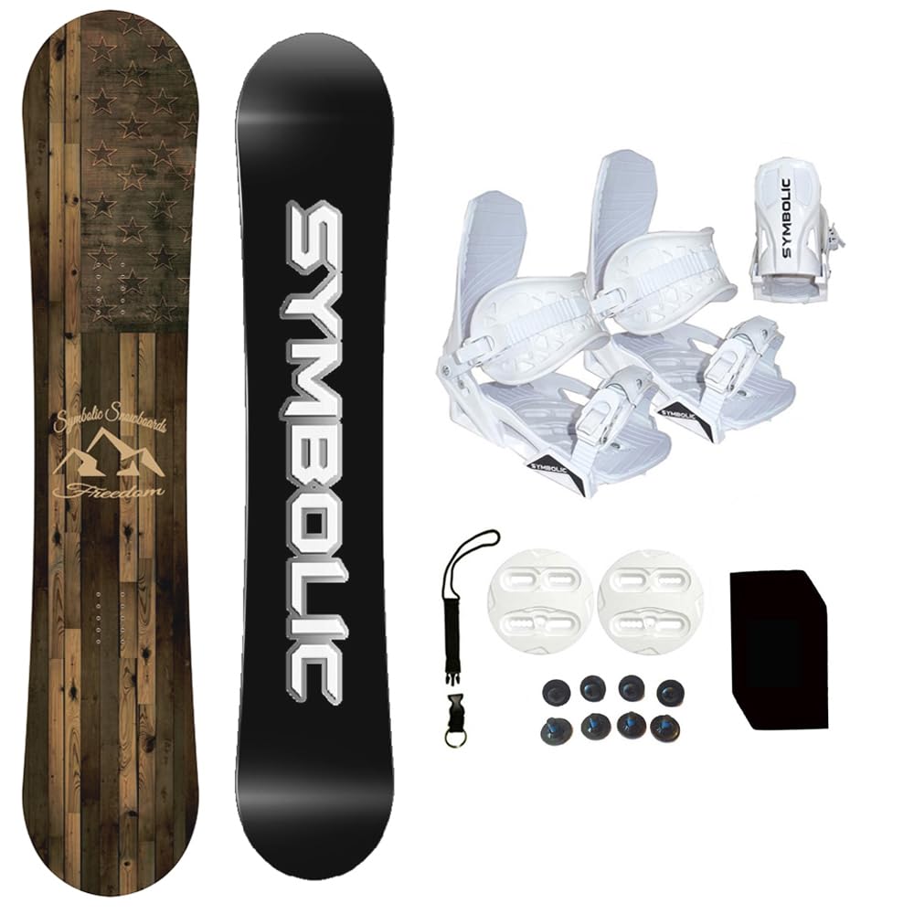 Symbolic Freedom USA Youth Kids Snowboard with White Bindings & Stomp Pad Leash Package - Perfect for Winter Sports, Snowboarding Lessons, and Mountain Adventures