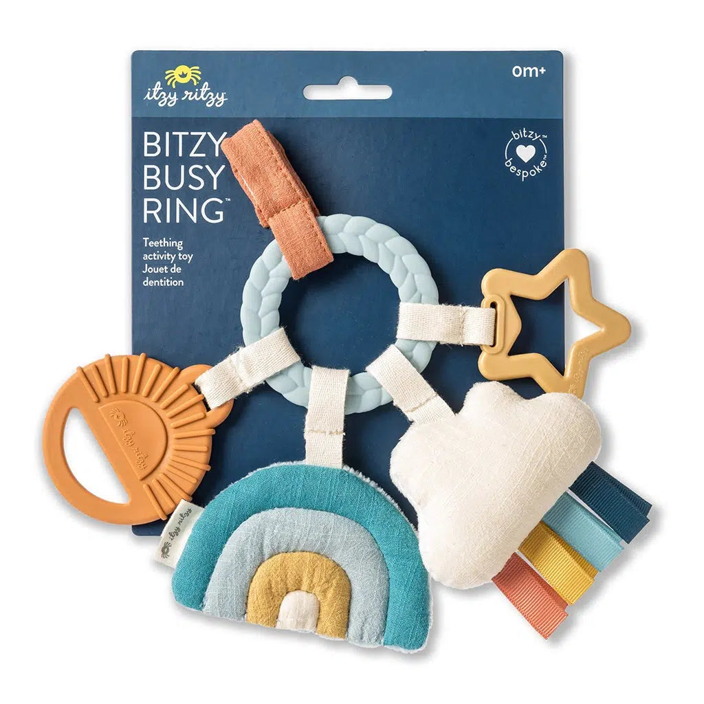 Itzy Ritzy Bitzy Busy Ring Teething Activity Toy - Soft Silicone Teether for Babies, Sensory & Chewing Toy for Infants, Perfect for Soothing Sore Gums & Developmental Play | Cloud Design