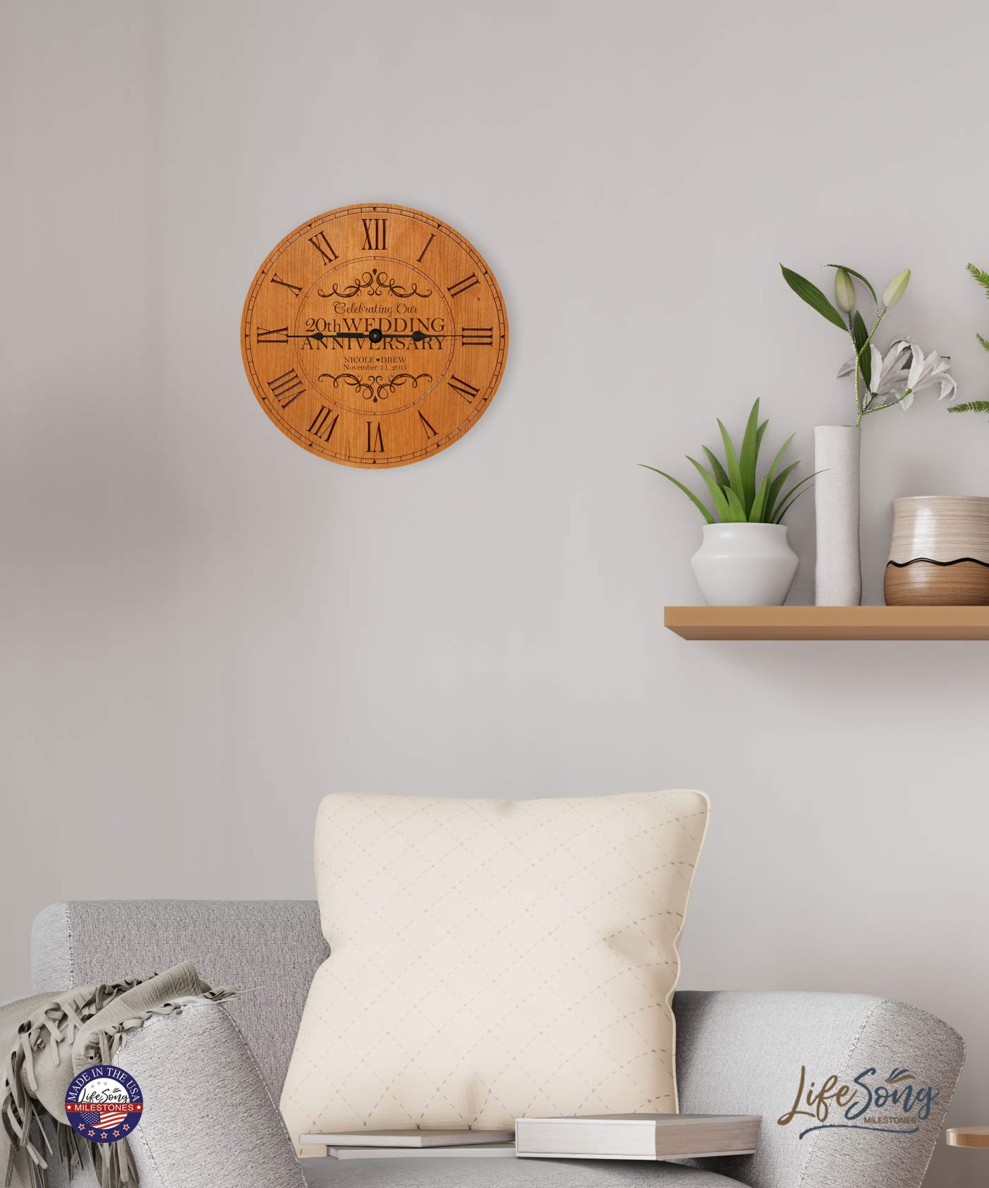 LifeSong Milestones Personalized 20th Anniversary Engraved Cherry Wood Wall Clock - 12 Inch Diameter Desktop Clock for Living Room, Bedroom, Office Decor - Romantic Couples Gift for Wedding, New Home & Anniversary Celebrations - Perfect for Home, Office & Special Occasions
