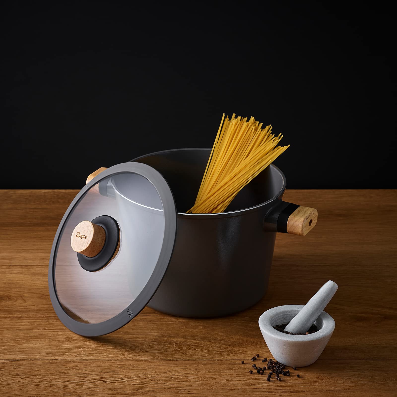Dr.HOWS 9.5 Inch Nonstick Cooking Pot with Glass Lid - Large Ceramic Coated Soup Pan with Oakwood Handles - Induction Compatible & Oven Safe - Perfect for Soups, Stews, Pasta & Family Meals