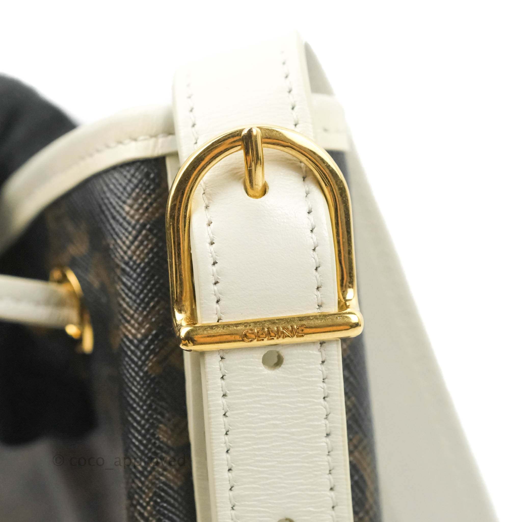 Celine Small Drawstring Bag Triomphe Canvas White Calfskin Leather Crossbody Purse for Women | Luxury Designer Handbag for Everyday Use & Special Occasions