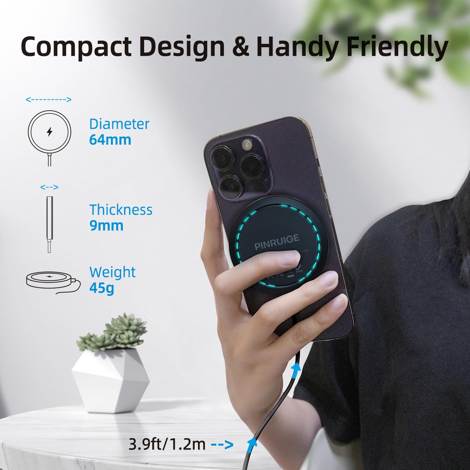 15W Max Fast Magnetic Wireless Charger Pad for iPhone 15/14/13/12 - USB-A Converter Included - Black | Perfect for Home, Office & Car Charging