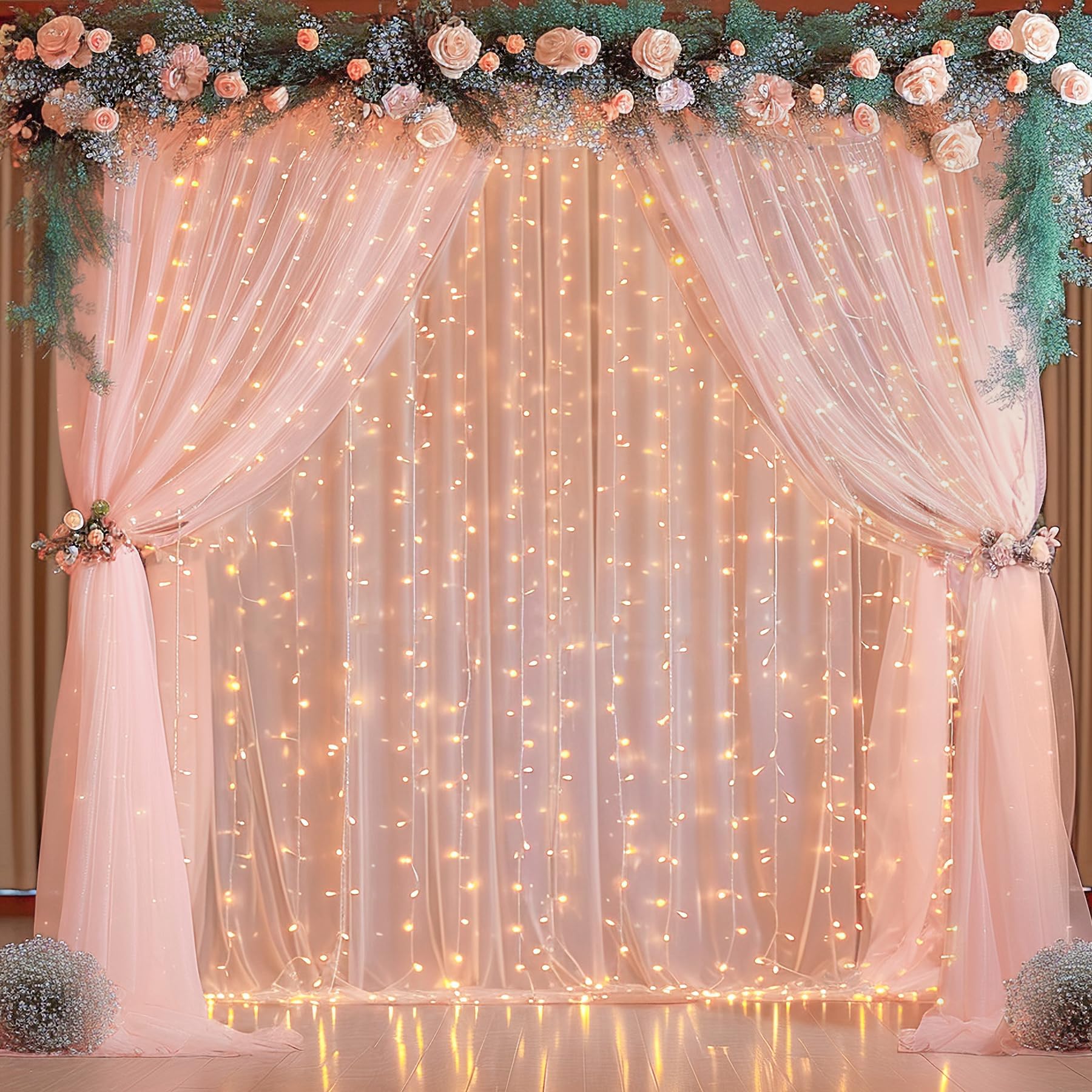 10×10ft Peach Tulle Backdrop Curtain with Fairy Lights - Sheer Wedding Party Decor, Photo Booth Background, Baby Shower & Home Decoration - Elegant Drapes for Indoor/Outdoor Events