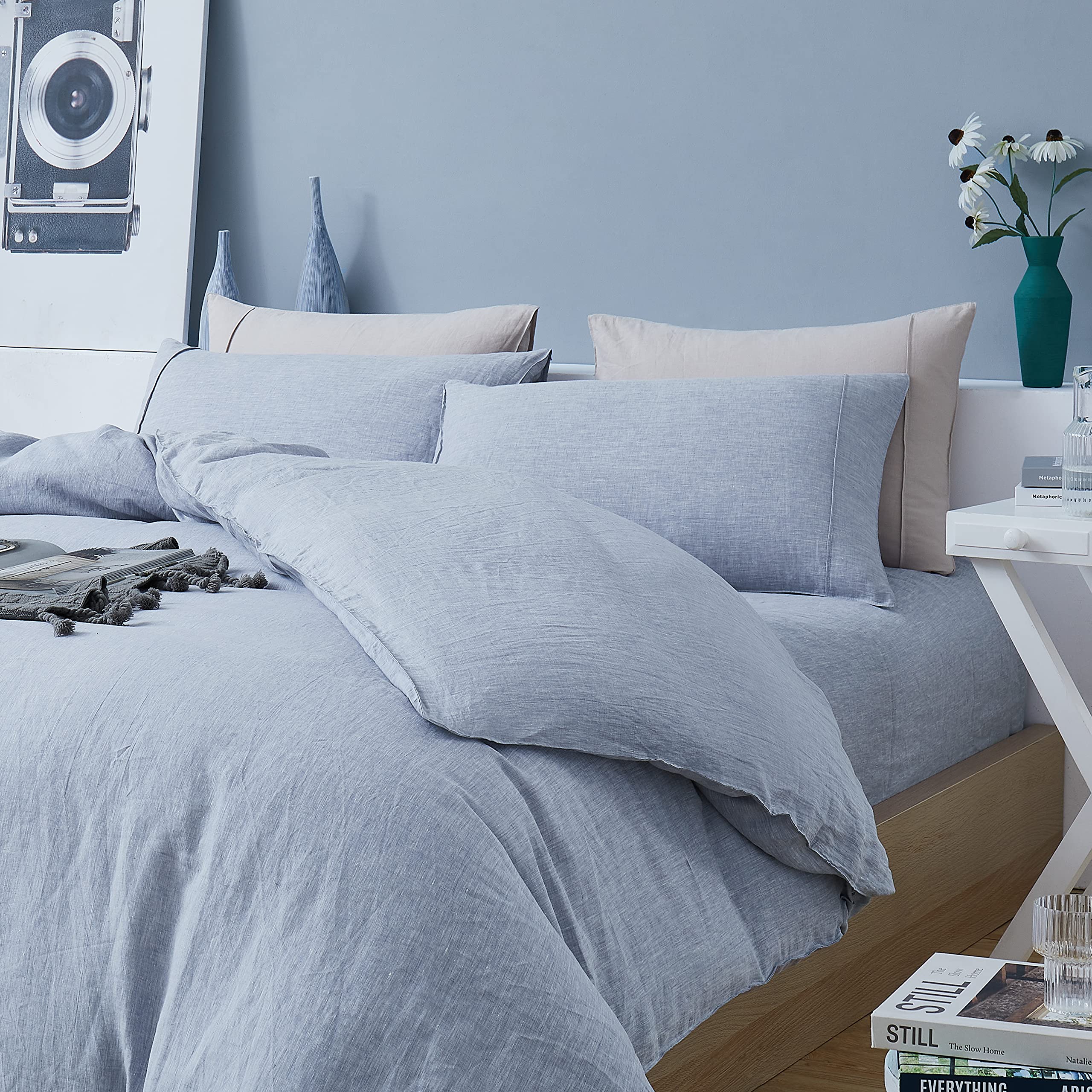 100% French Natural Linen Duvet Cover Set - Queen Size with Stone Washed YKK Zipper | Ultra Breathable & 100% Recyclable Linen Bedding | Includes 1 Duvet Cover & 2 Pillow Shams in Blue | Perfect for Eco-Friendly Home Decor & All-Season Comfort