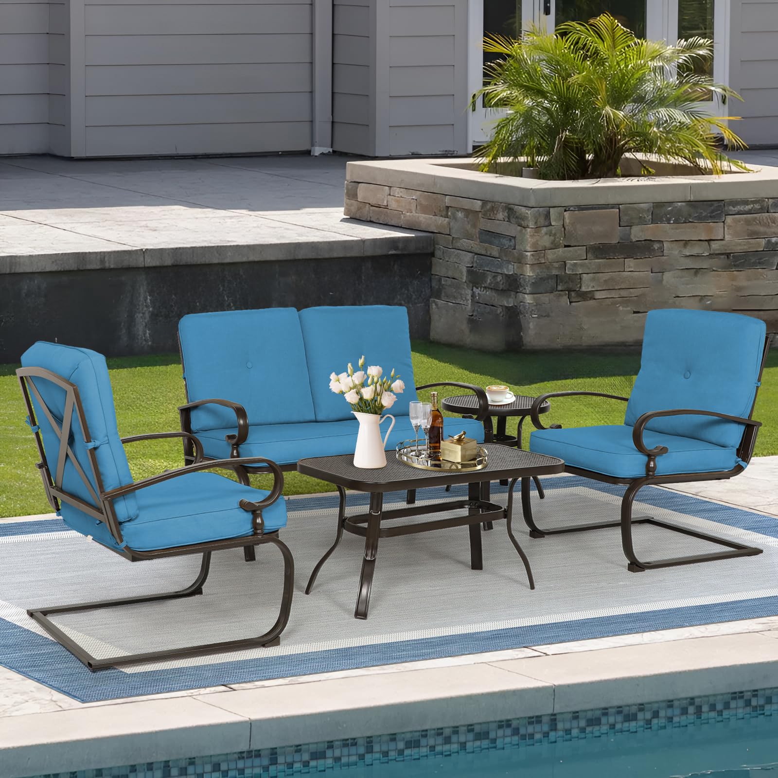 Oakcloud 5-Piece Wrought Iron Outdoor Patio Furniture Set with Cushions - Loveseat, Coffee Table, Bistro Table & 2 Spring Chairs in Blue - Perfect for Garden, Backyard, Poolside & Outdoor Conversations