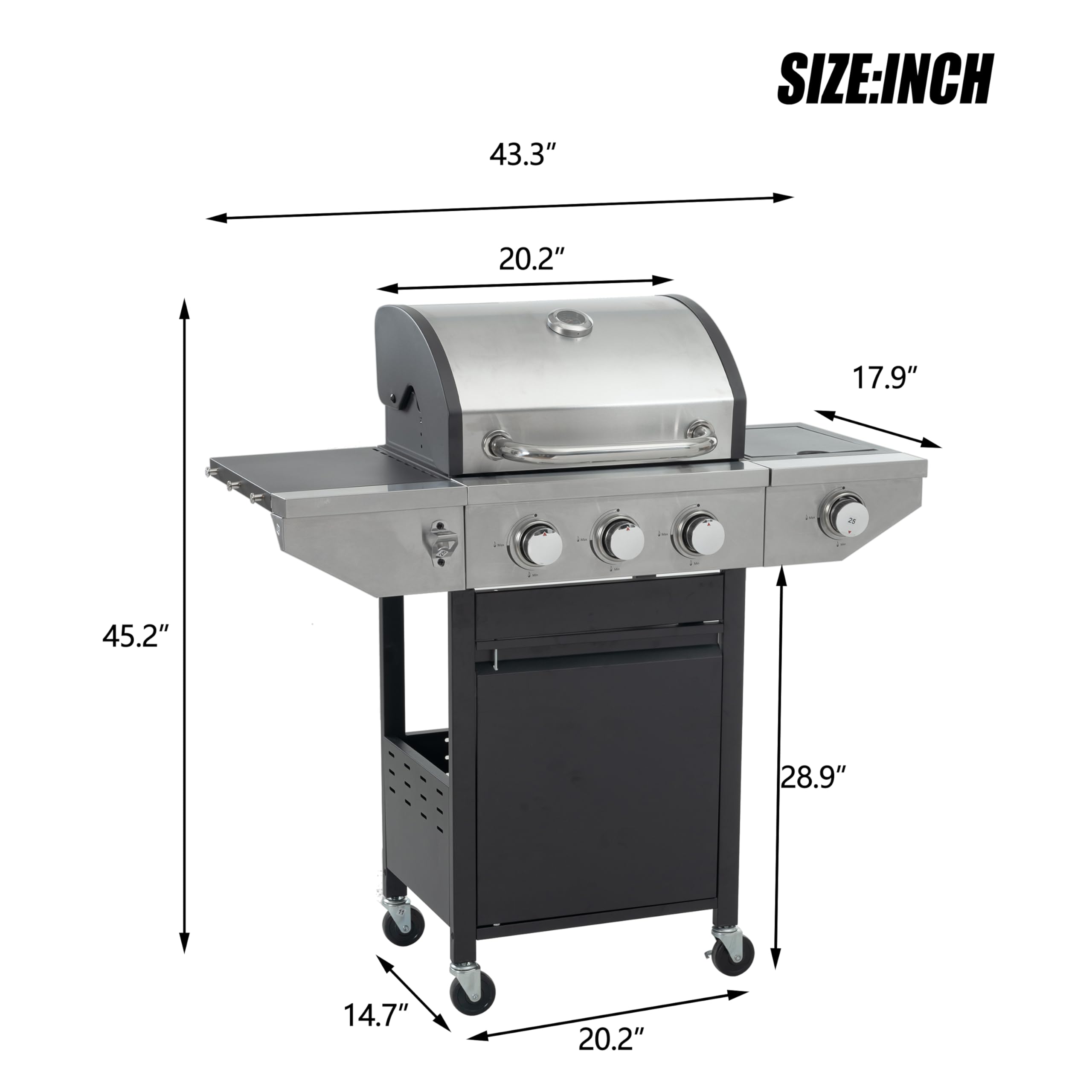 Stainless Steel 3-Burner Propane Gas Grill with Side Burner, Temperature Gauge & Electronic Ignition - 430-Grade Outdoor BBQ Grill with Cast Iron Grids for Backyard, Camping & Tailgating Parties