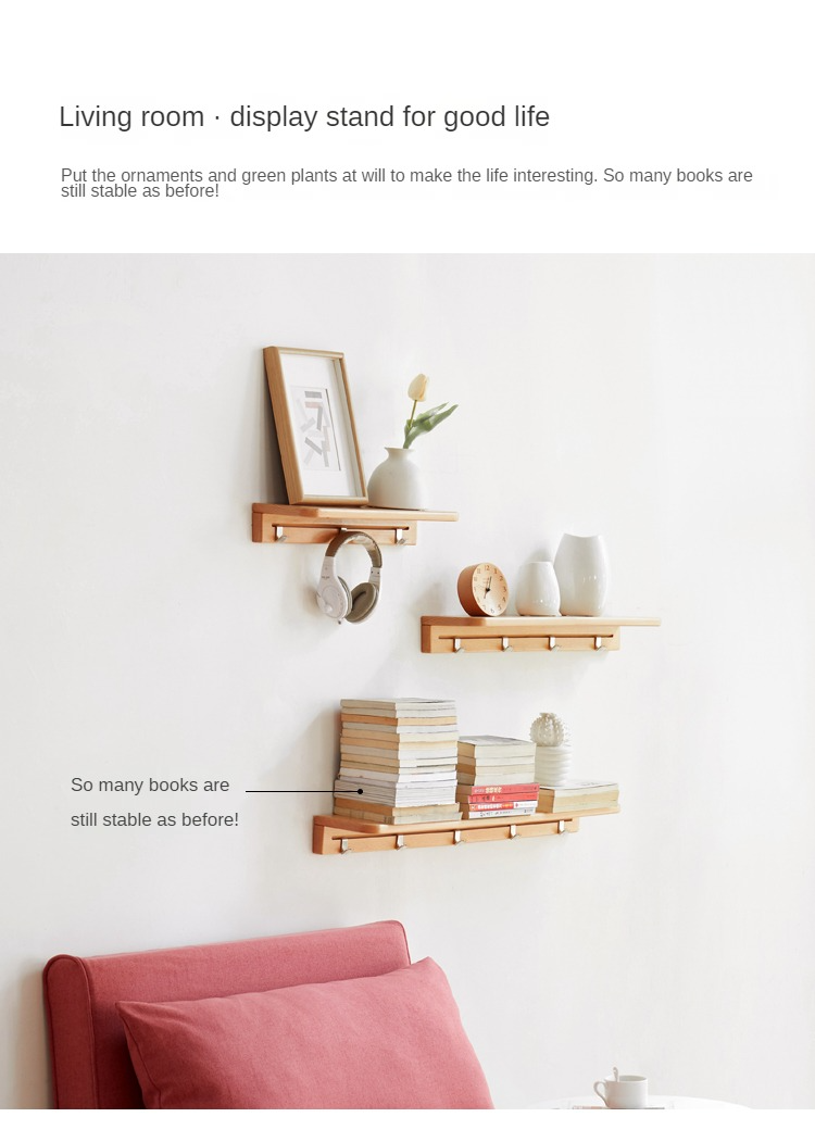 Solid Beech Wood Wall Shelf with Hooks - Rustic Floating Shelf for Kitchen, Bathroom, or Living Room Storage & Decor